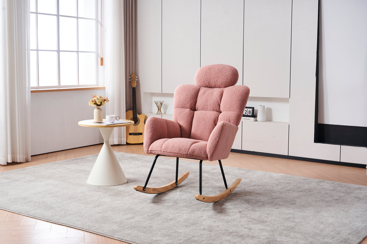 055-Teddy Fabric Upholstered Nursery Rocking Glider Chair Modern Accent Armchair Padded Seat with High Backrest and Pillow for Living Room Bedroom (Pink)