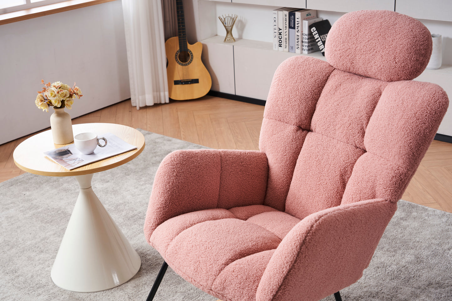 055-Teddy Fabric Upholstered Nursery Rocking Glider Chair Modern Accent Armchair Padded Seat with High Backrest and Pillow for Living Room Bedroom (Pink)