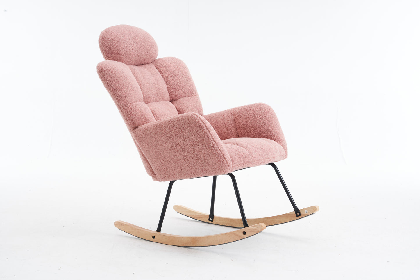 055-Teddy Fabric Upholstered Nursery Rocking Glider Chair Modern Accent Armchair Padded Seat with High Backrest and Pillow for Living Room Bedroom (Pink)