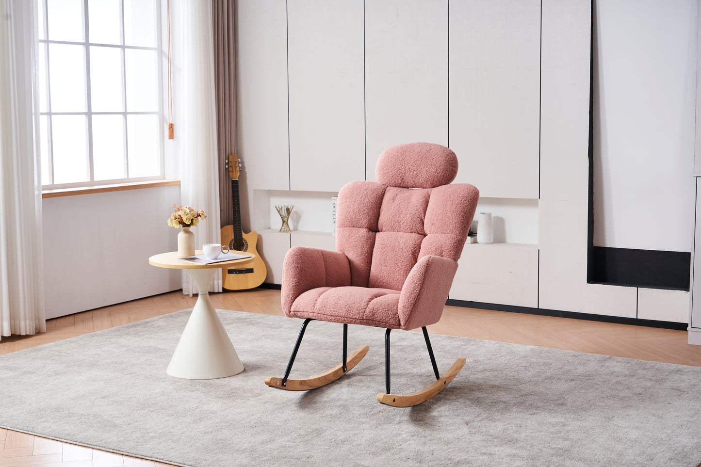 055-Teddy Fabric Upholstered Nursery Rocking Glider Chair Modern Accent Armchair Padded Seat with High Backrest and Pillow for Living Room Bedroom (Pink)