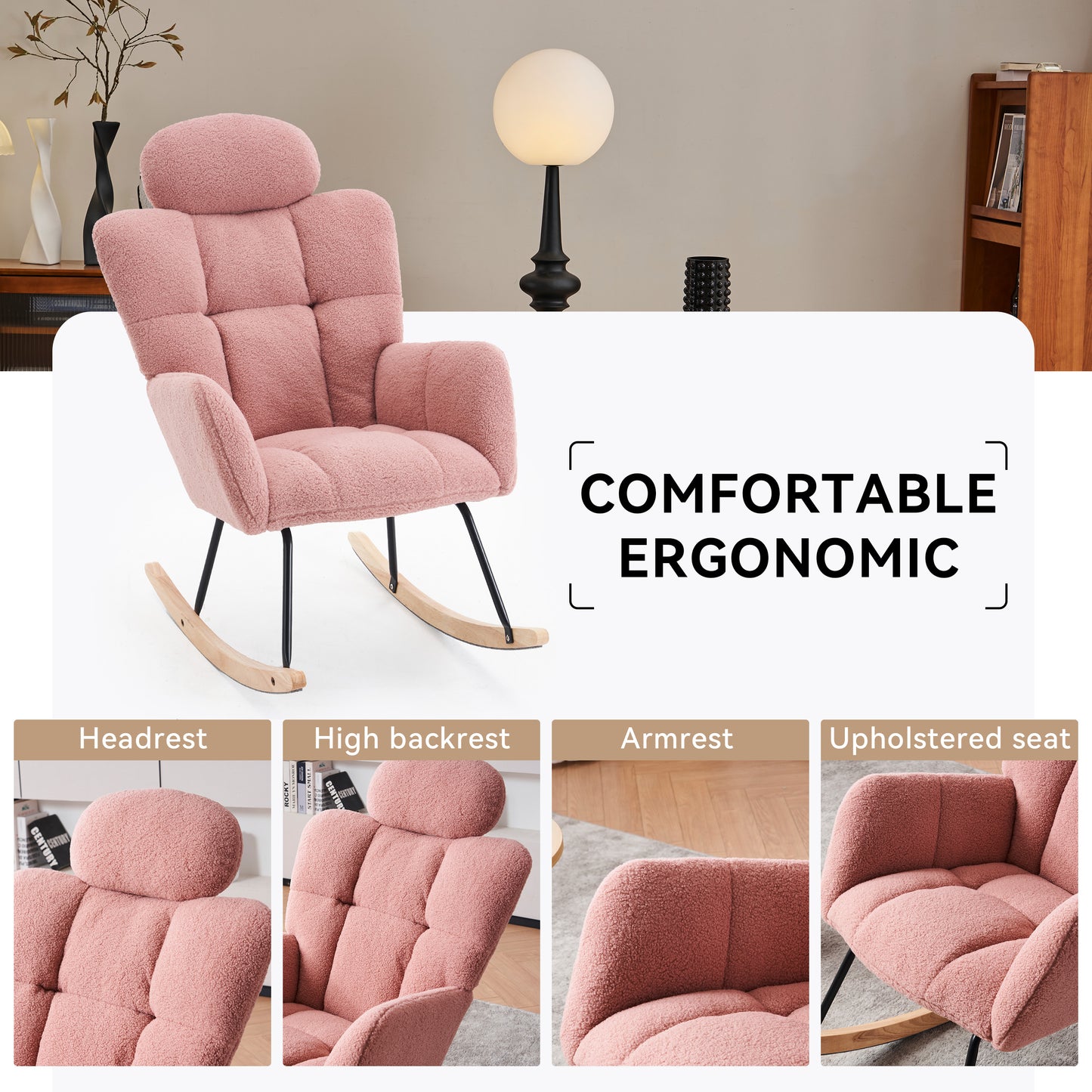 055-Teddy Fabric Upholstered Nursery Rocking Glider Chair Modern Accent Armchair Padded Seat with High Backrest and Pillow for Living Room Bedroom (Pink)
