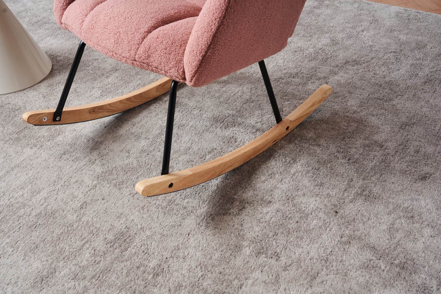 055-Teddy Fabric Upholstered Nursery Rocking Glider Chair Modern Accent Armchair Padded Seat with High Backrest and Pillow for Living Room Bedroom (Pink)