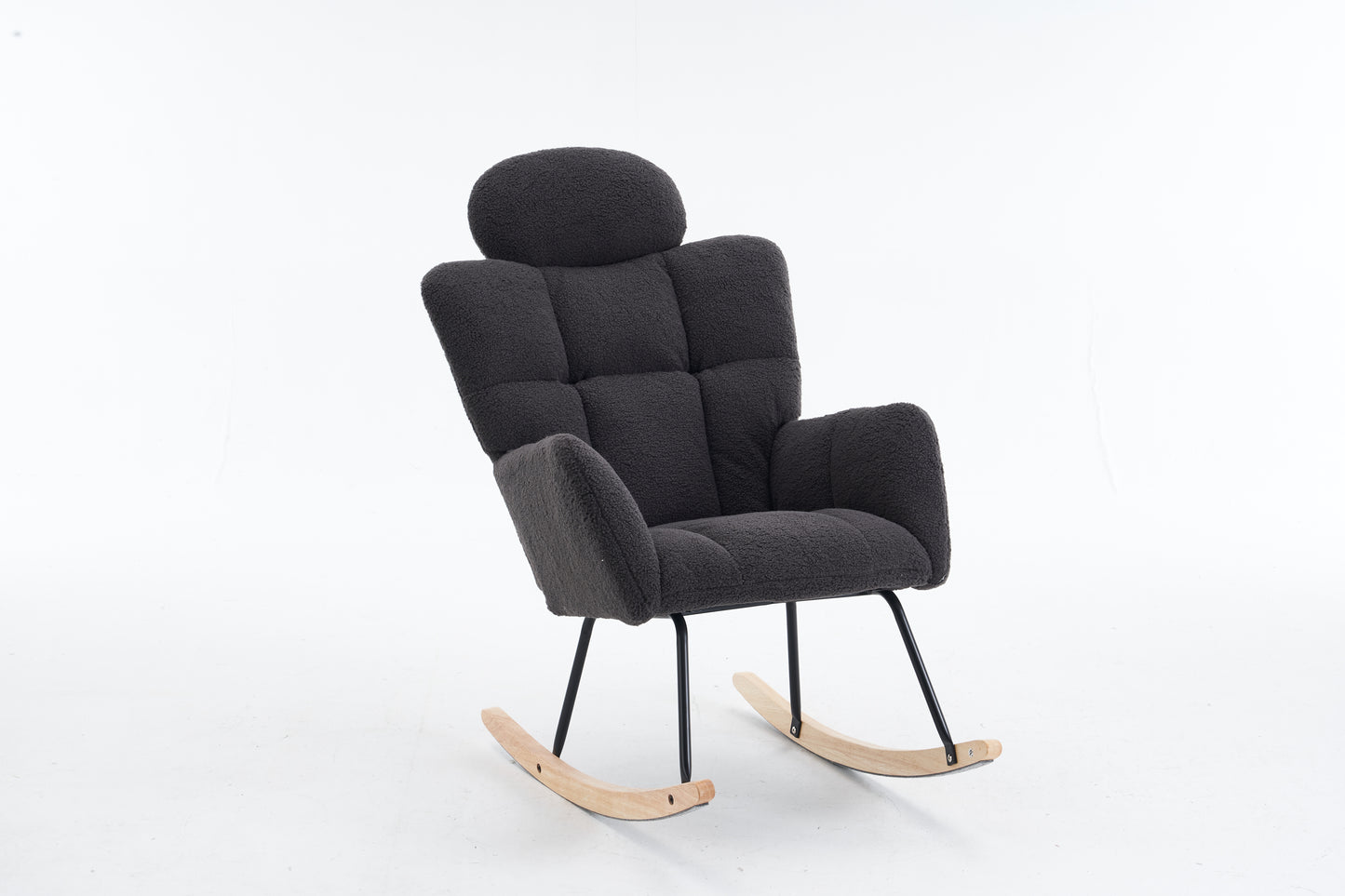 055-Teddy Fabric Upholstered Nursery Rocking Glider Chair Modern Accent Armchair Padded Seat with High Backrest and Pillow for Living Room Bedroom (Dark Gray)