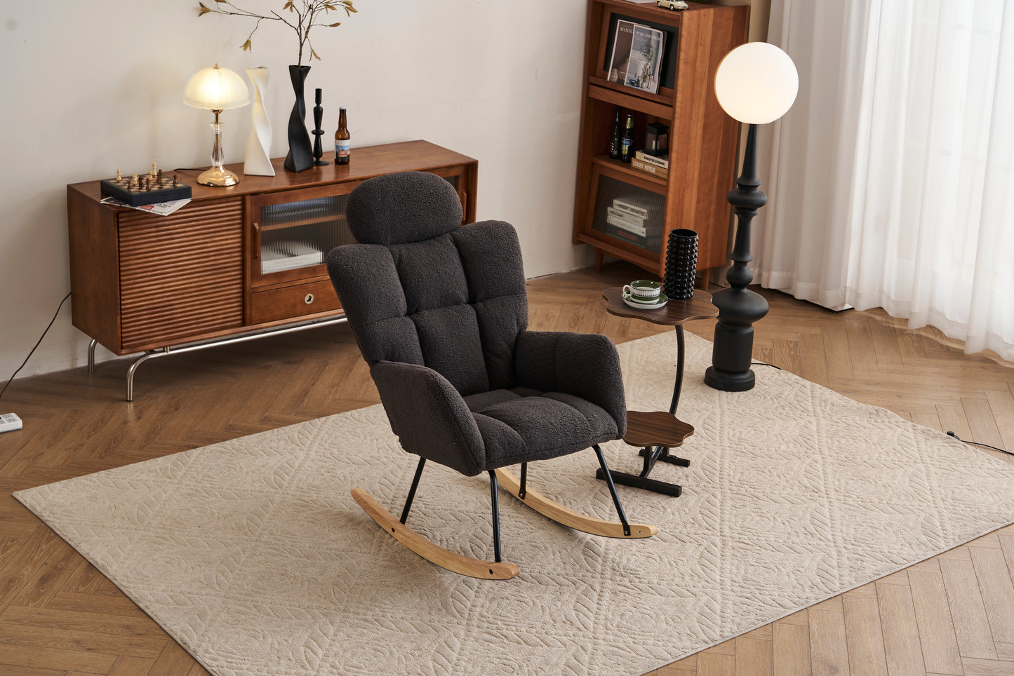 055-Teddy Fabric Upholstered Nursery Rocking Glider Chair Modern Accent Armchair Padded Seat with High Backrest and Pillow for Living Room Bedroom (Dark Gray)