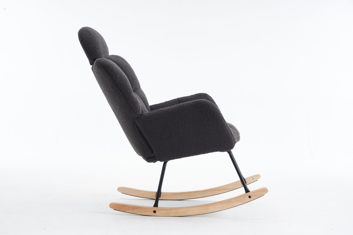 055-Teddy Fabric Upholstered Nursery Rocking Glider Chair Modern Accent Armchair Padded Seat with High Backrest and Pillow for Living Room Bedroom (Dark Gray)
