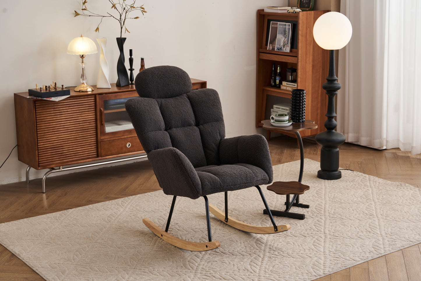 055-Teddy Fabric Upholstered Nursery Rocking Glider Chair Modern Accent Armchair Padded Seat with High Backrest and Pillow for Living Room Bedroom (Dark Gray)