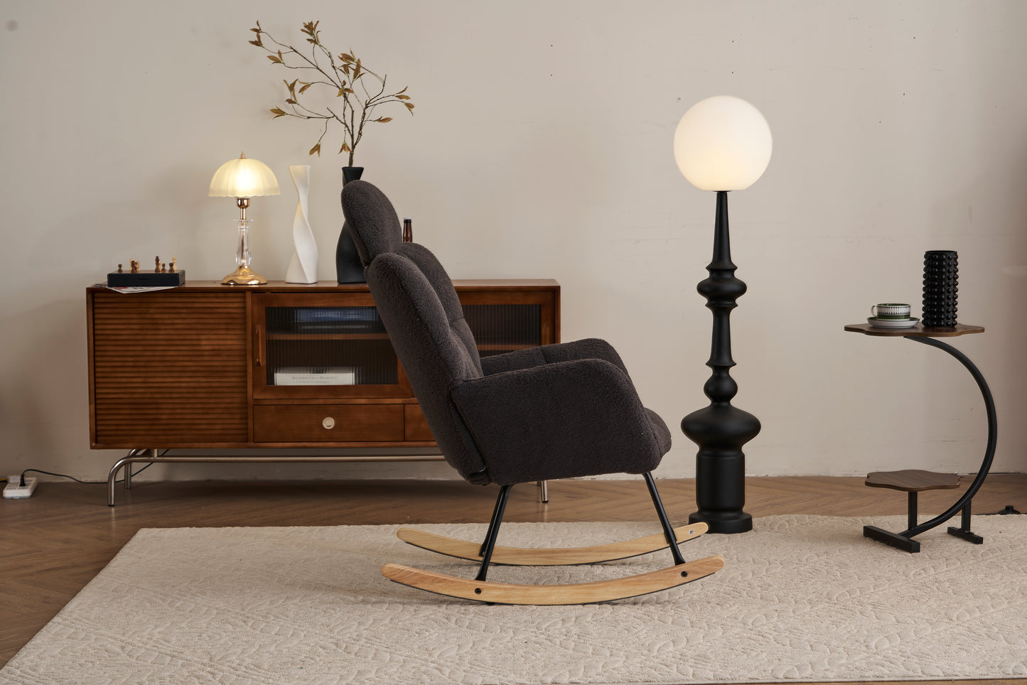 055-Teddy Fabric Upholstered Nursery Rocking Glider Chair Modern Accent Armchair Padded Seat with High Backrest and Pillow for Living Room Bedroom (Dark Gray)