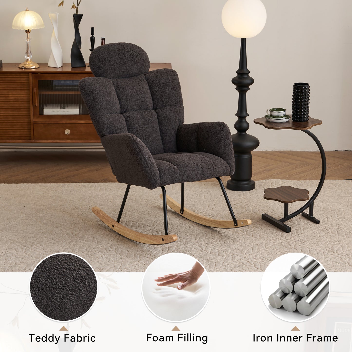 055-Teddy Fabric Upholstered Nursery Rocking Glider Chair Modern Accent Armchair Padded Seat with High Backrest and Pillow for Living Room Bedroom (Dark Gray)