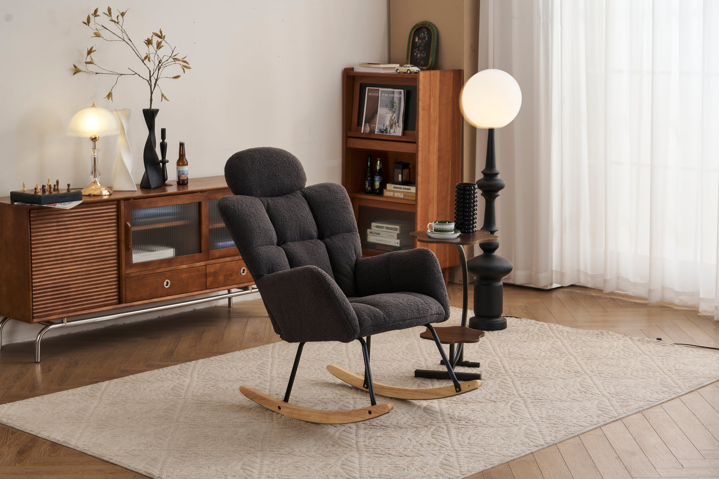055-Teddy Fabric Upholstered Nursery Rocking Glider Chair Modern Accent Armchair Padded Seat with High Backrest and Pillow for Living Room Bedroom (Dark Gray)
