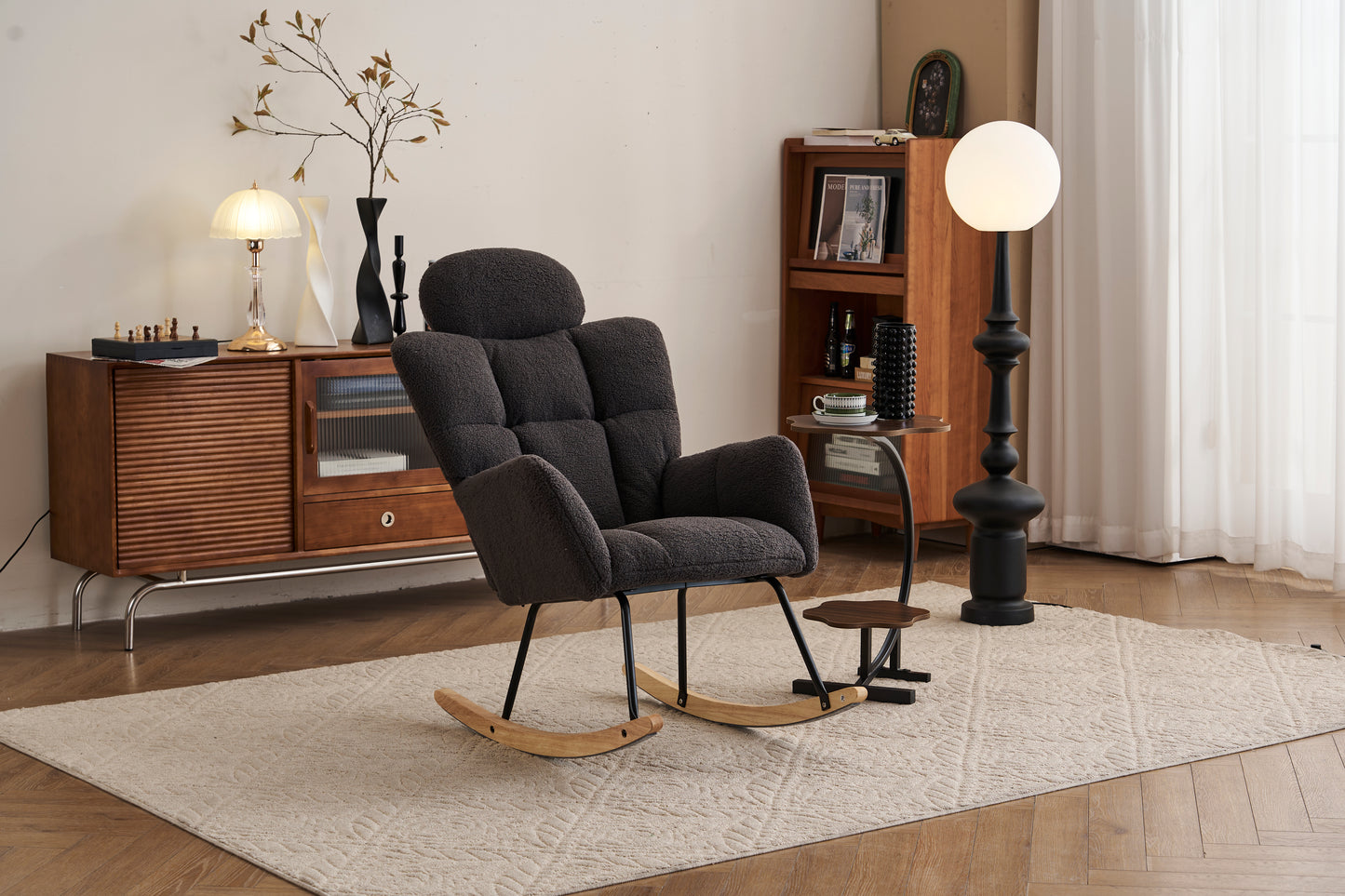 055-Teddy Fabric Upholstered Nursery Rocking Glider Chair Modern Accent Armchair Padded Seat with High Backrest and Pillow for Living Room Bedroom (Dark Gray)