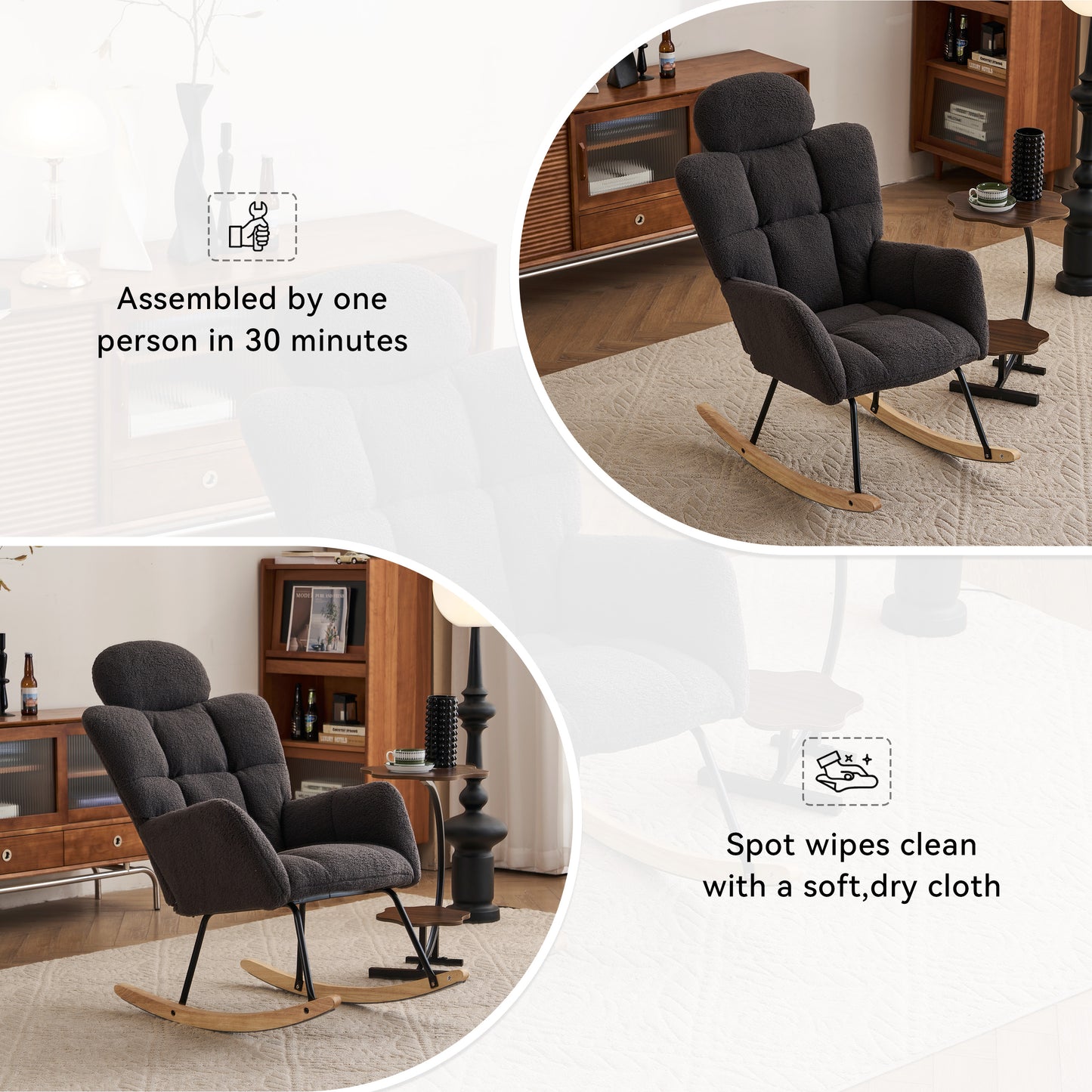 055-Teddy Fabric Upholstered Nursery Rocking Glider Chair Modern Accent Armchair Padded Seat with High Backrest and Pillow for Living Room Bedroom (Dark Gray)
