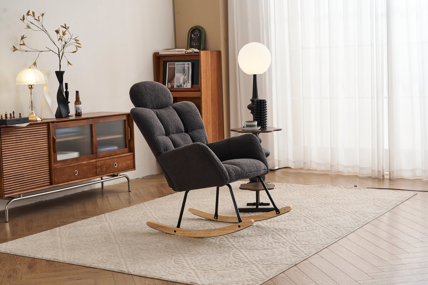055-Teddy Fabric Upholstered Nursery Rocking Glider Chair Modern Accent Armchair Padded Seat with High Backrest and Pillow for Living Room Bedroom (Dark Gray)