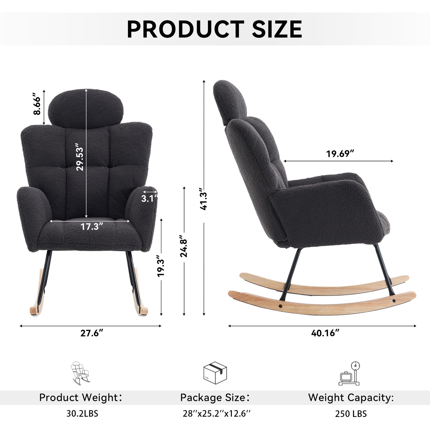 055-Teddy Fabric Upholstered Nursery Rocking Glider Chair Modern Accent Armchair Padded Seat with High Backrest and Pillow for Living Room Bedroom (Dark Gray)