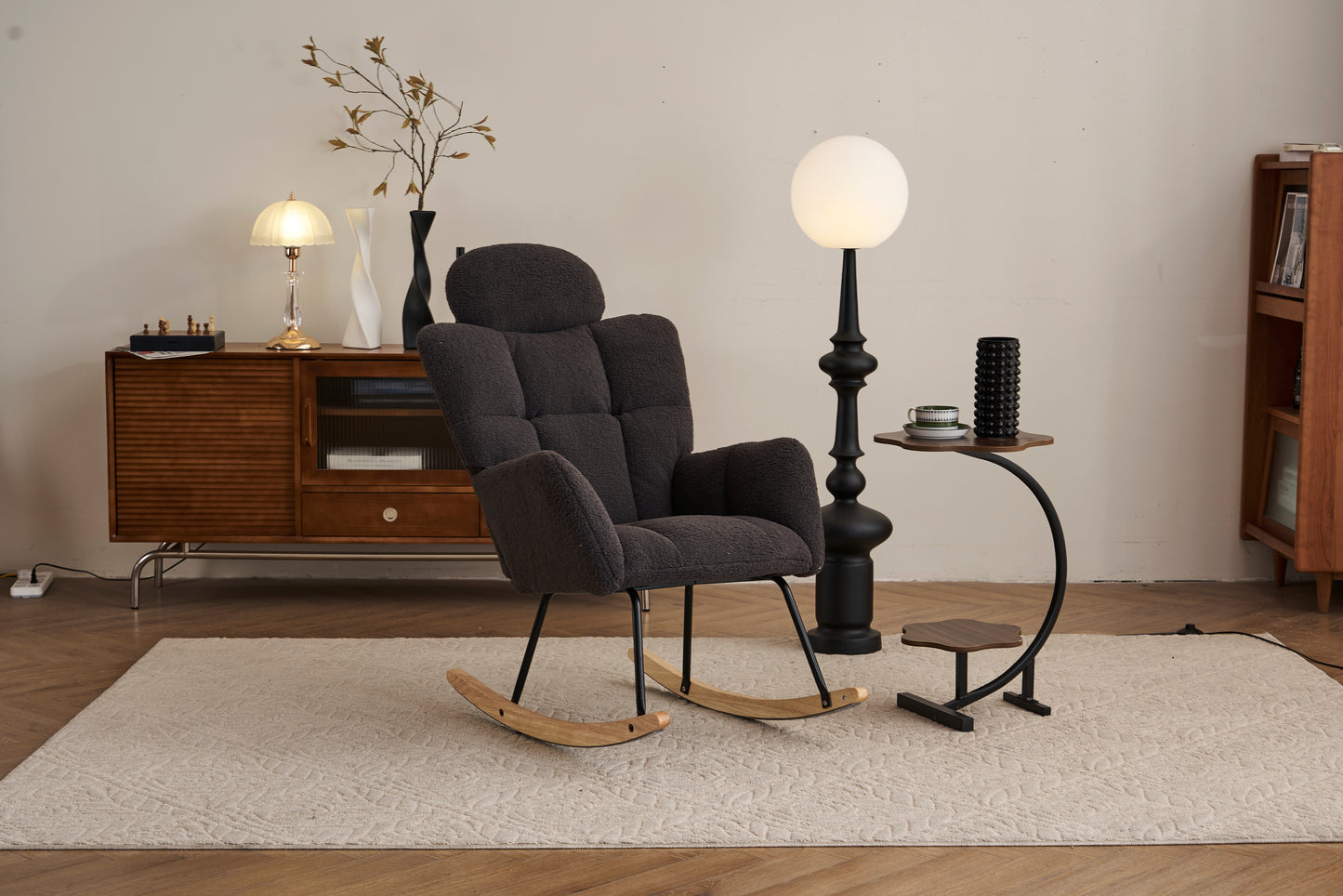 055-Teddy Fabric Upholstered Nursery Rocking Glider Chair Modern Accent Armchair Padded Seat with High Backrest and Pillow for Living Room Bedroom (Dark Gray)