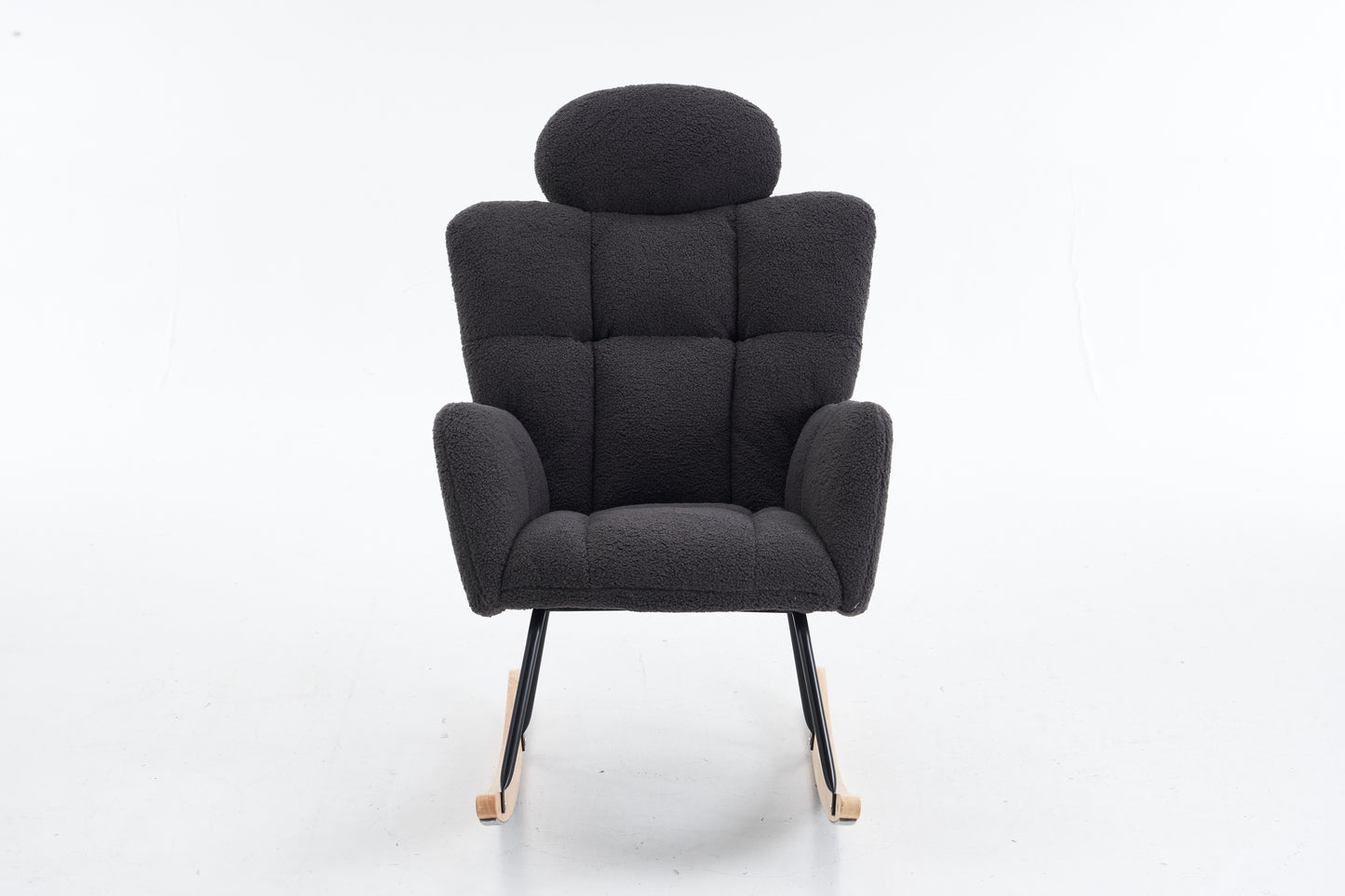 055-Teddy Fabric Upholstered Nursery Rocking Glider Chair Modern Accent Armchair Padded Seat with High Backrest and Pillow for Living Room Bedroom (Dark Gray)