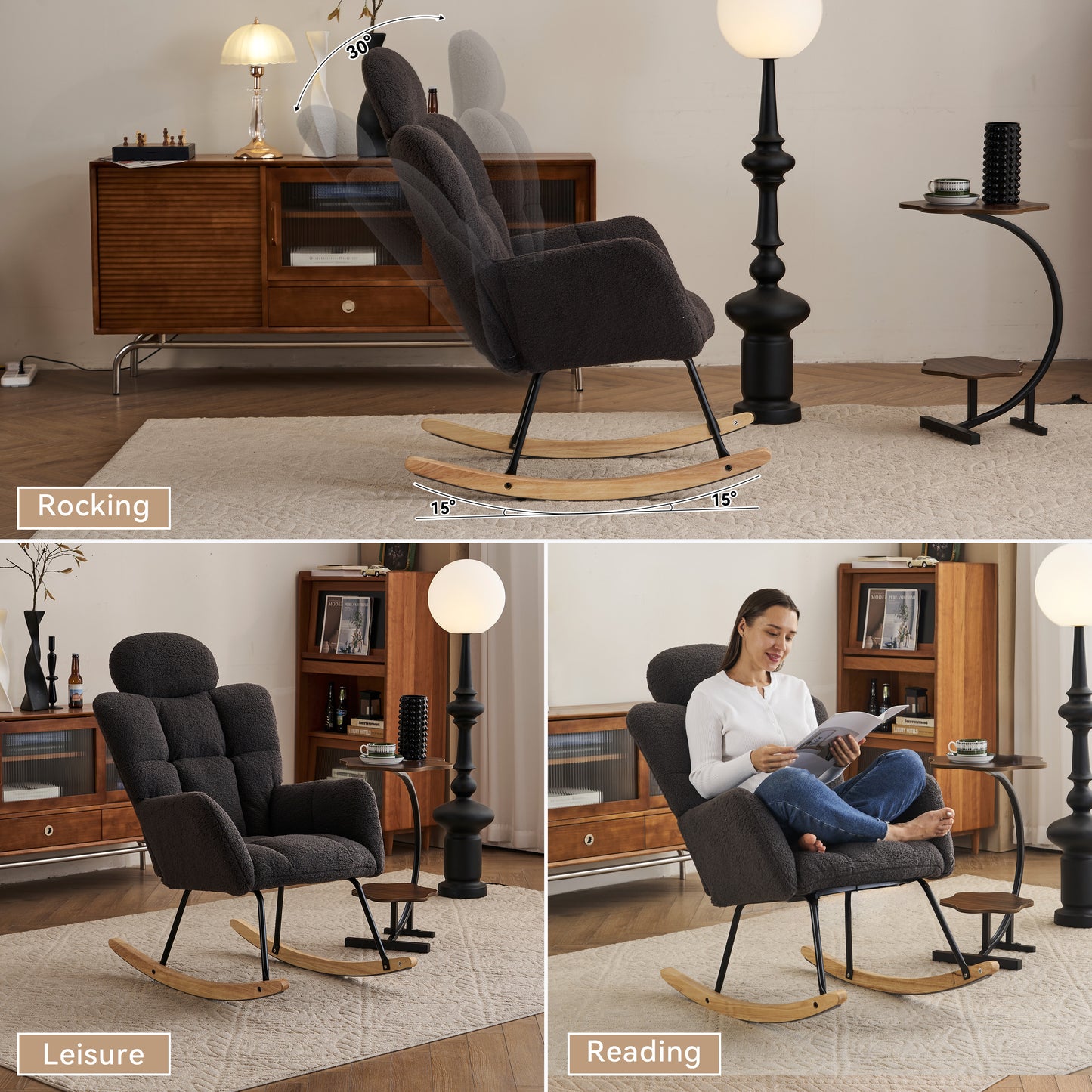 055-Teddy Fabric Upholstered Nursery Rocking Glider Chair Modern Accent Armchair Padded Seat with High Backrest and Pillow for Living Room Bedroom (Dark Gray)