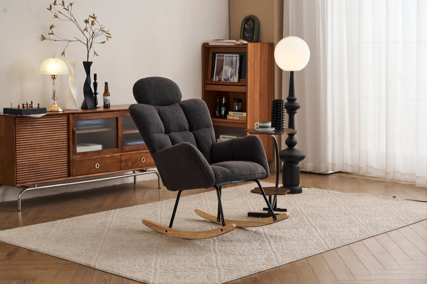 055-Teddy Fabric Upholstered Nursery Rocking Glider Chair Modern Accent Armchair Padded Seat with High Backrest and Pillow for Living Room Bedroom (Dark Gray)
