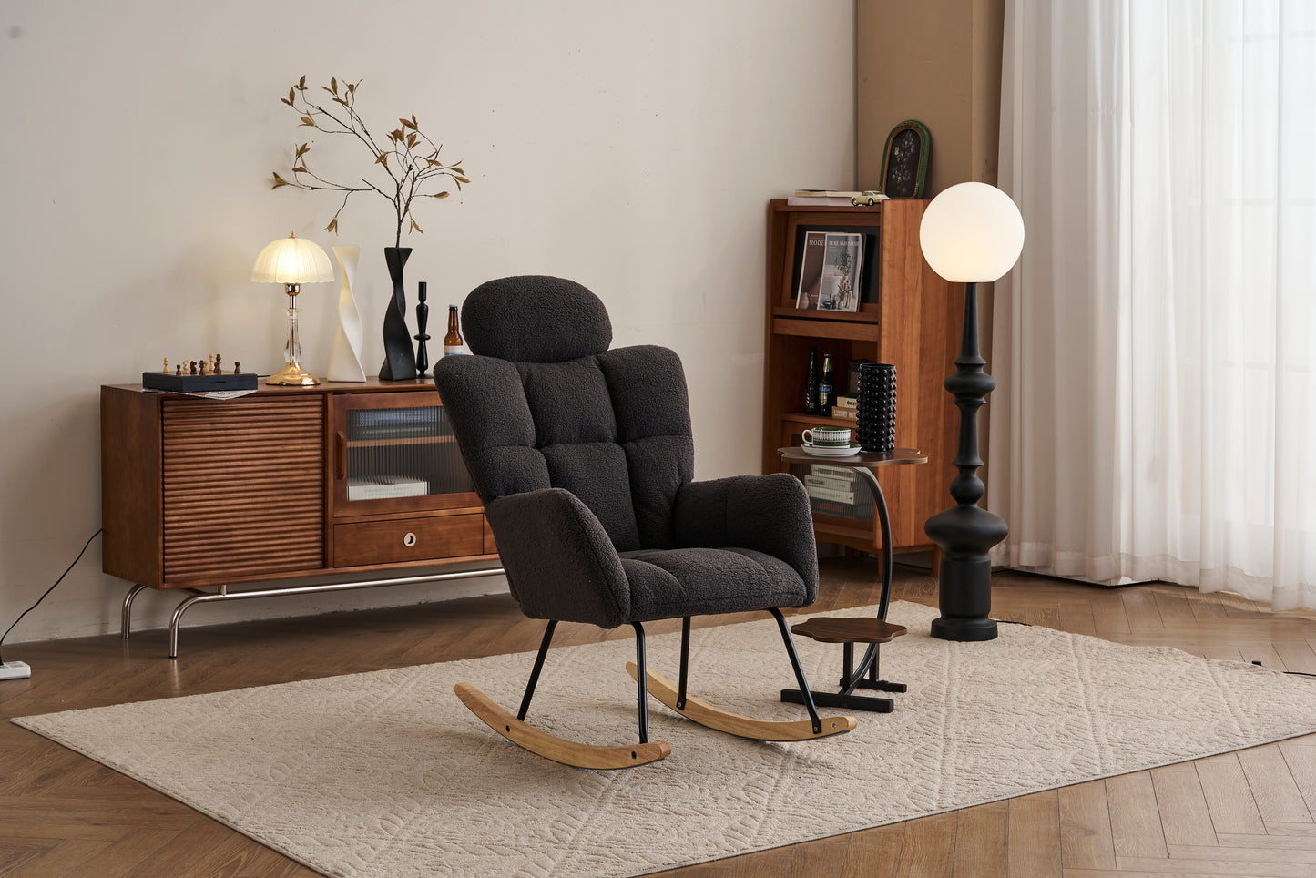 055-Teddy Fabric Upholstered Nursery Rocking Glider Chair Modern Accent Armchair Padded Seat with High Backrest and Pillow for Living Room Bedroom (Dark Gray)