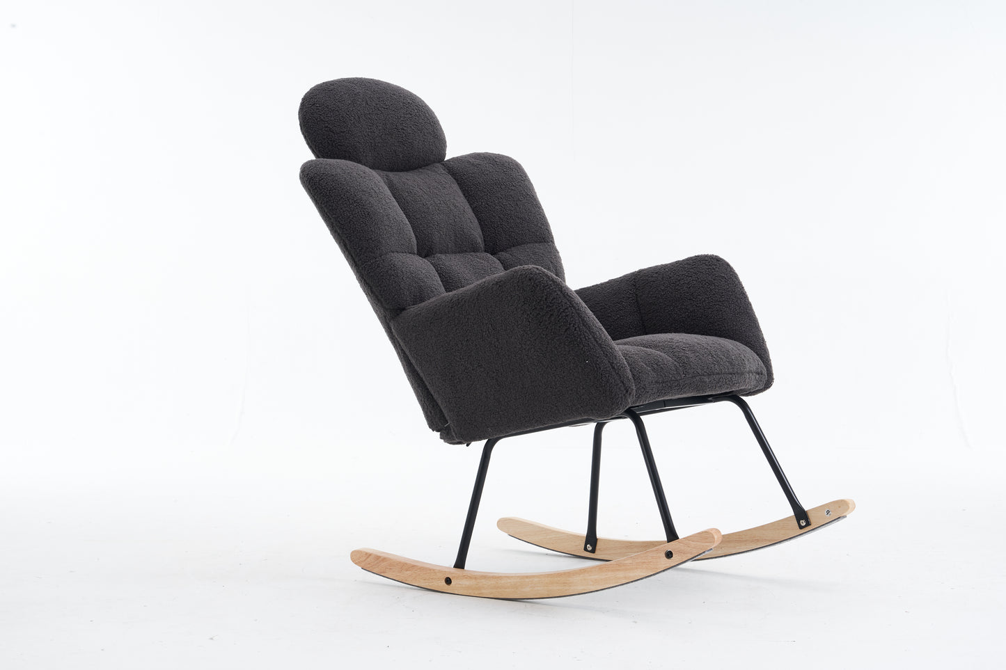 055-Teddy Fabric Upholstered Nursery Rocking Glider Chair Modern Accent Armchair Padded Seat with High Backrest and Pillow for Living Room Bedroom (Dark Gray)