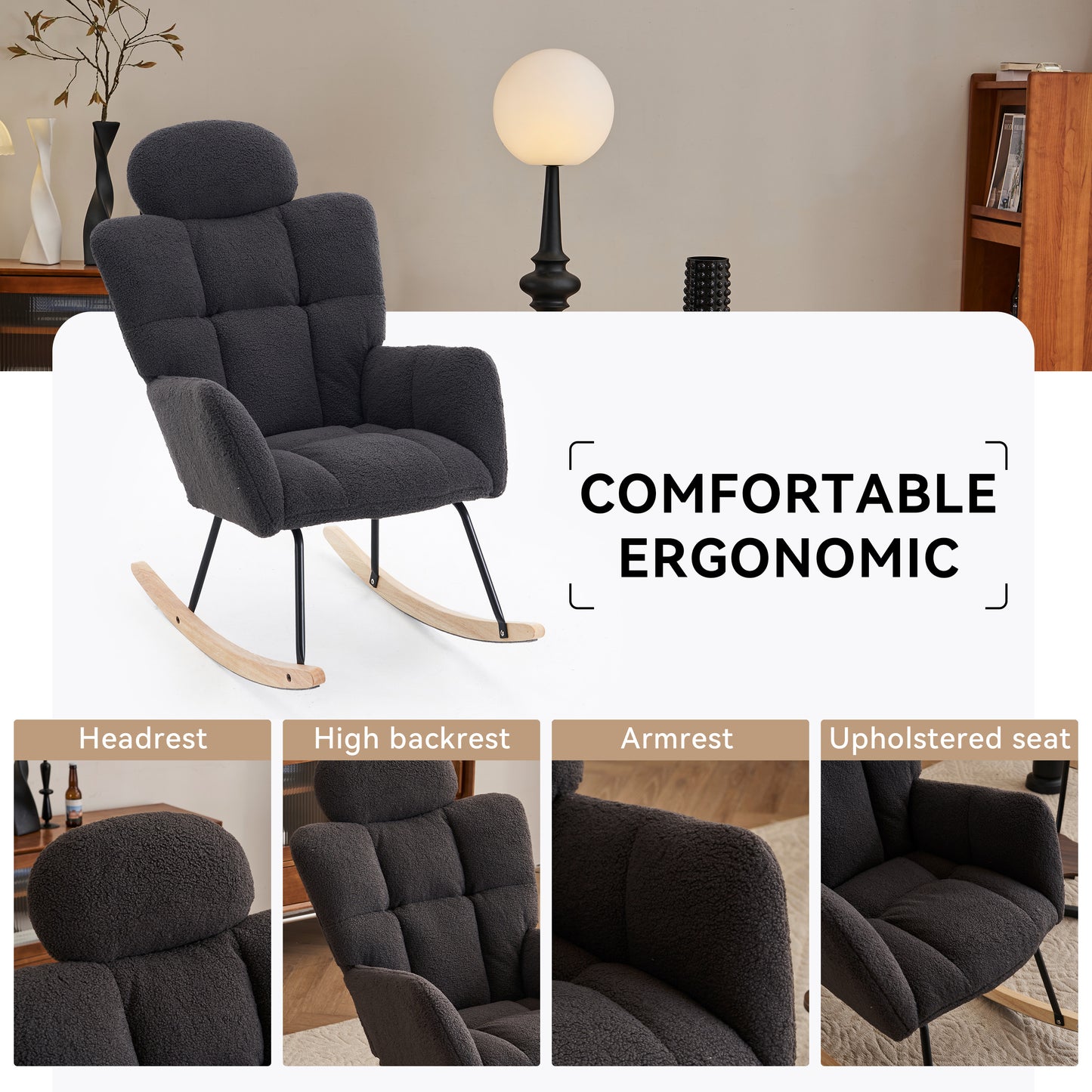 055-Teddy Fabric Upholstered Nursery Rocking Glider Chair Modern Accent Armchair Padded Seat with High Backrest and Pillow for Living Room Bedroom (Dark Gray)