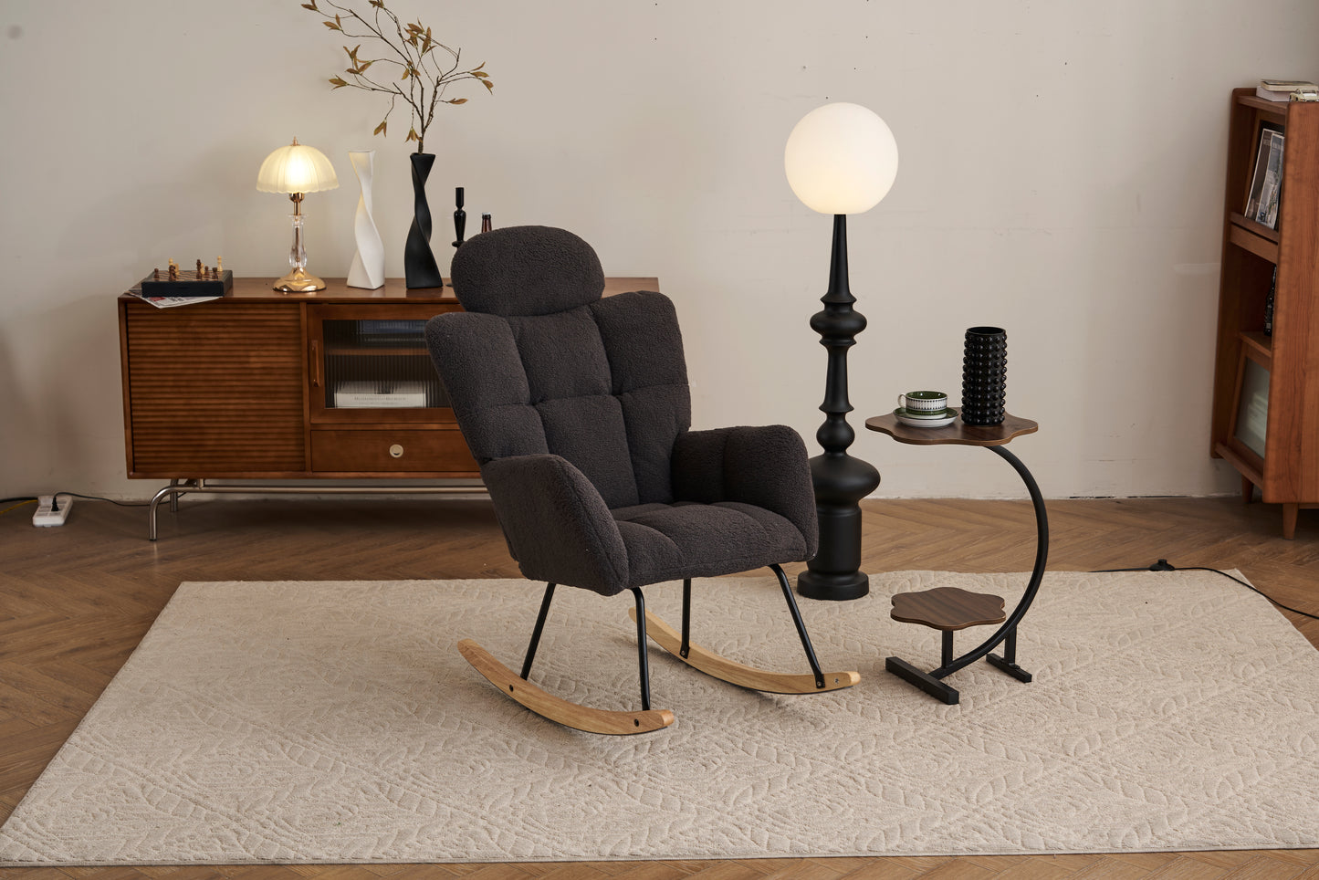 055-Teddy Fabric Upholstered Nursery Rocking Glider Chair Modern Accent Armchair Padded Seat with High Backrest and Pillow for Living Room Bedroom (Dark Gray)