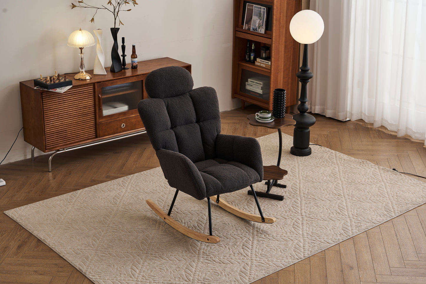 055-Teddy Fabric Upholstered Nursery Rocking Glider Chair Modern Accent Armchair Padded Seat with High Backrest and Pillow for Living Room Bedroom (Dark Gray)