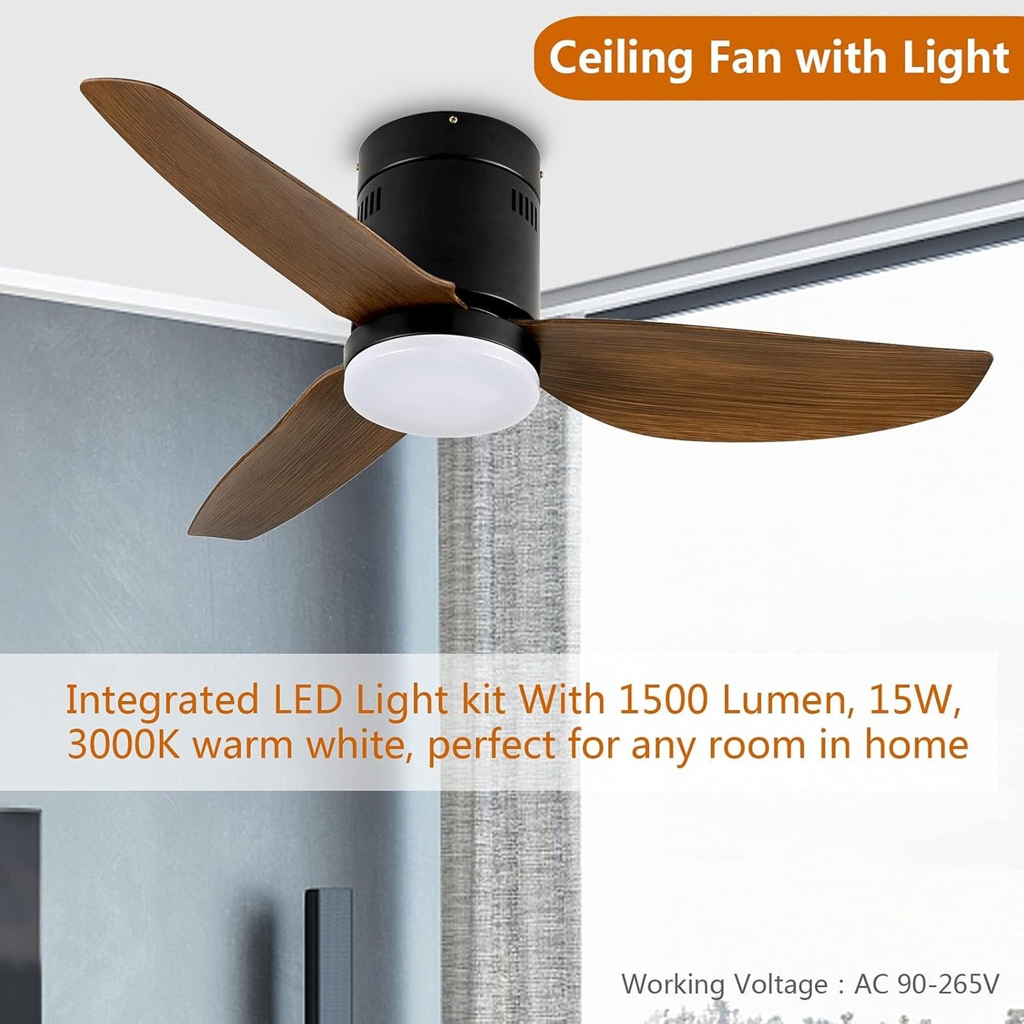 40-inch Ceiling Fan with LED Light and Remote Control, 6-Speed Modes, 2 Rotating Modes, Timer