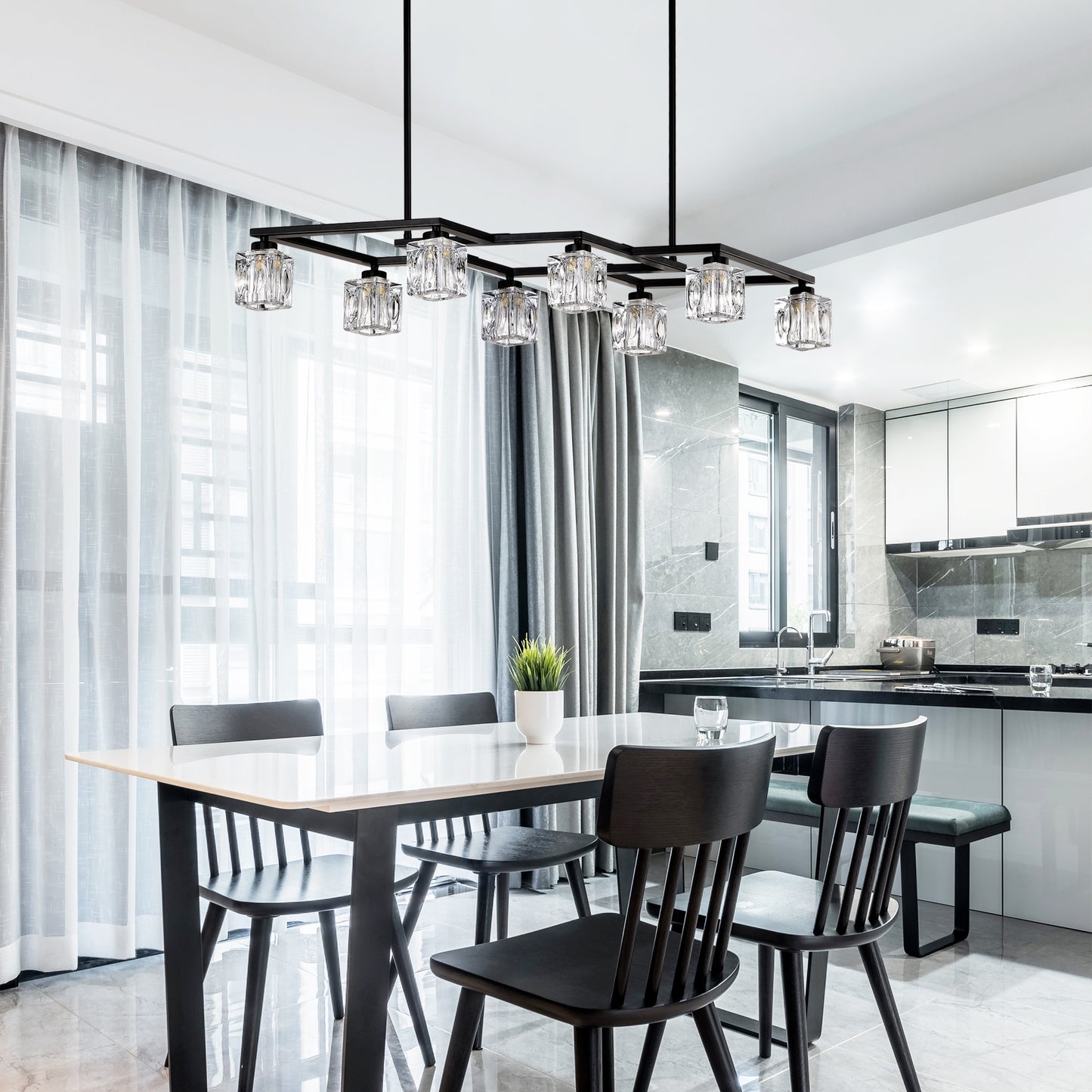 Matte Black Crystal Chandelier for Dining Room, 8-Light Kitchen Chandelier Light Fixture Modern Metal Industrial Chandeliers for Farmhouse Entryway Living Room (8*G9 Bulbs Included)