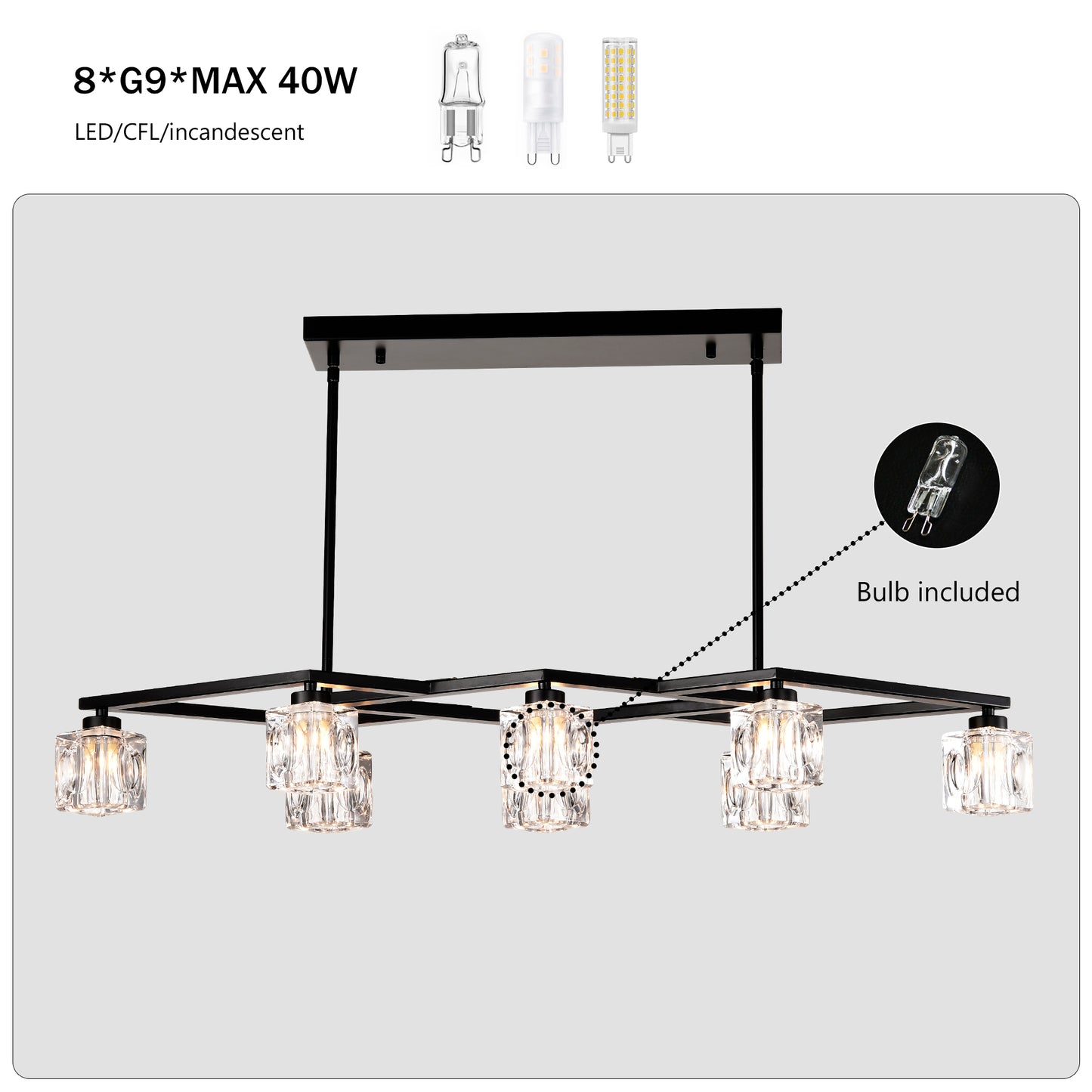 Matte Black Crystal Chandelier for Dining Room, 8-Light Kitchen Chandelier Light Fixture Modern Metal Industrial Chandeliers for Farmhouse Entryway Living Room (8*G9 Bulbs Included)