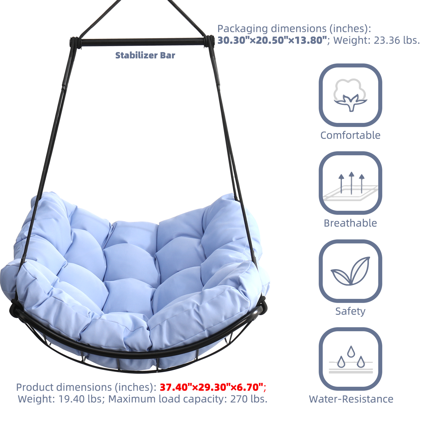 Hammock Chair Swing with Cushion - Outdoor Indoor Hanging Hammock Chair for Patio, Porch, Bedroom, Garden, Courtyard, Balcony - Sturdy Steel Bar with Anti-Slip Safety Rings, BLUE