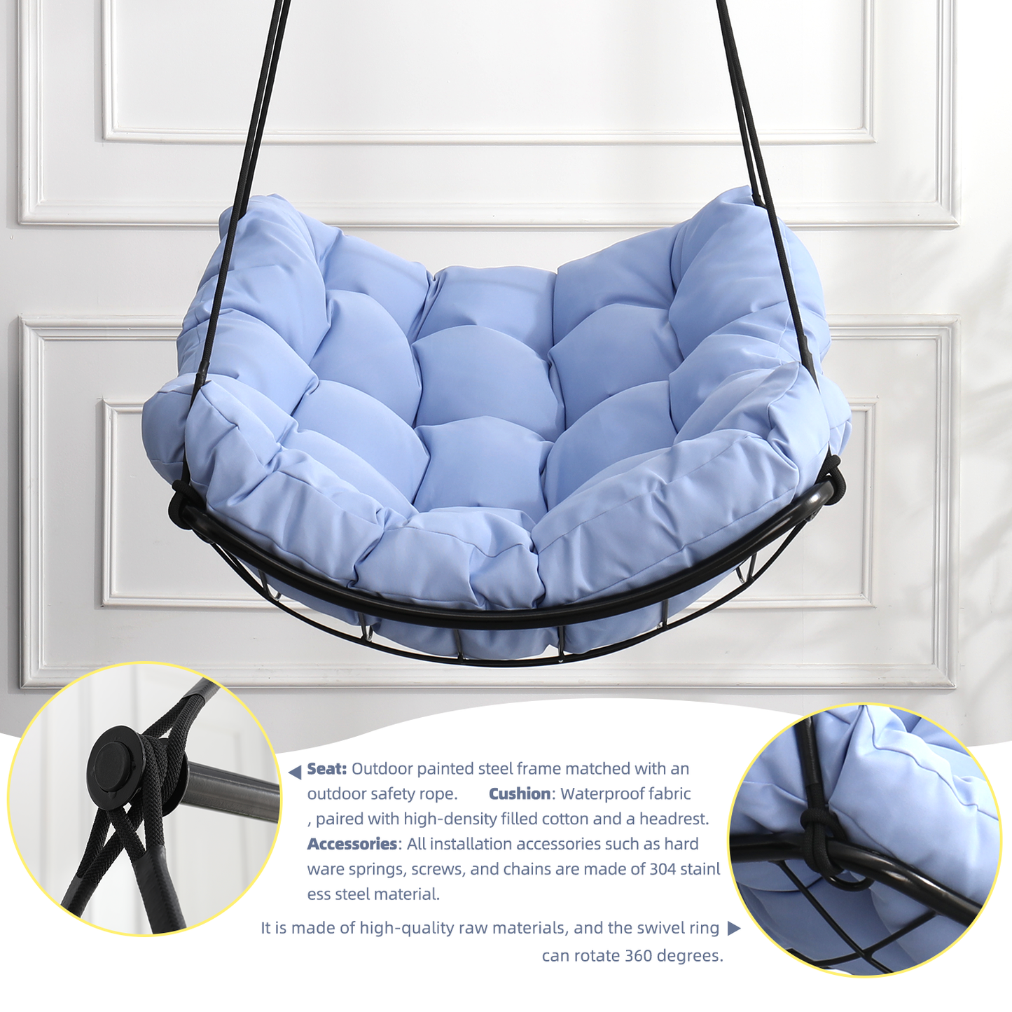 Hammock Chair Swing with Cushion - Outdoor Indoor Hanging Hammock Chair for Patio, Porch, Bedroom, Garden, Courtyard, Balcony - Sturdy Steel Bar with Anti-Slip Safety Rings, BLUE