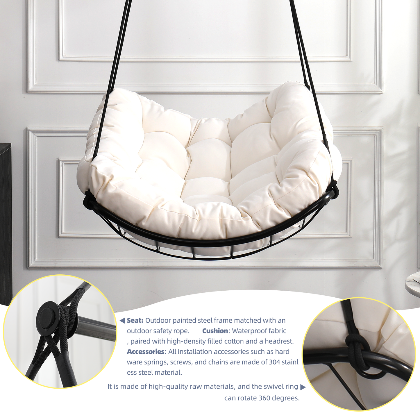 Hammock Chair Swing with Cushion - Outdoor Indoor Hanging Hammock Chair for Patio, Porch, Bedroom, Garden, Courtyard, Balcony - Sturdy Steel Bar with Anti-Slip Safety Rings, white