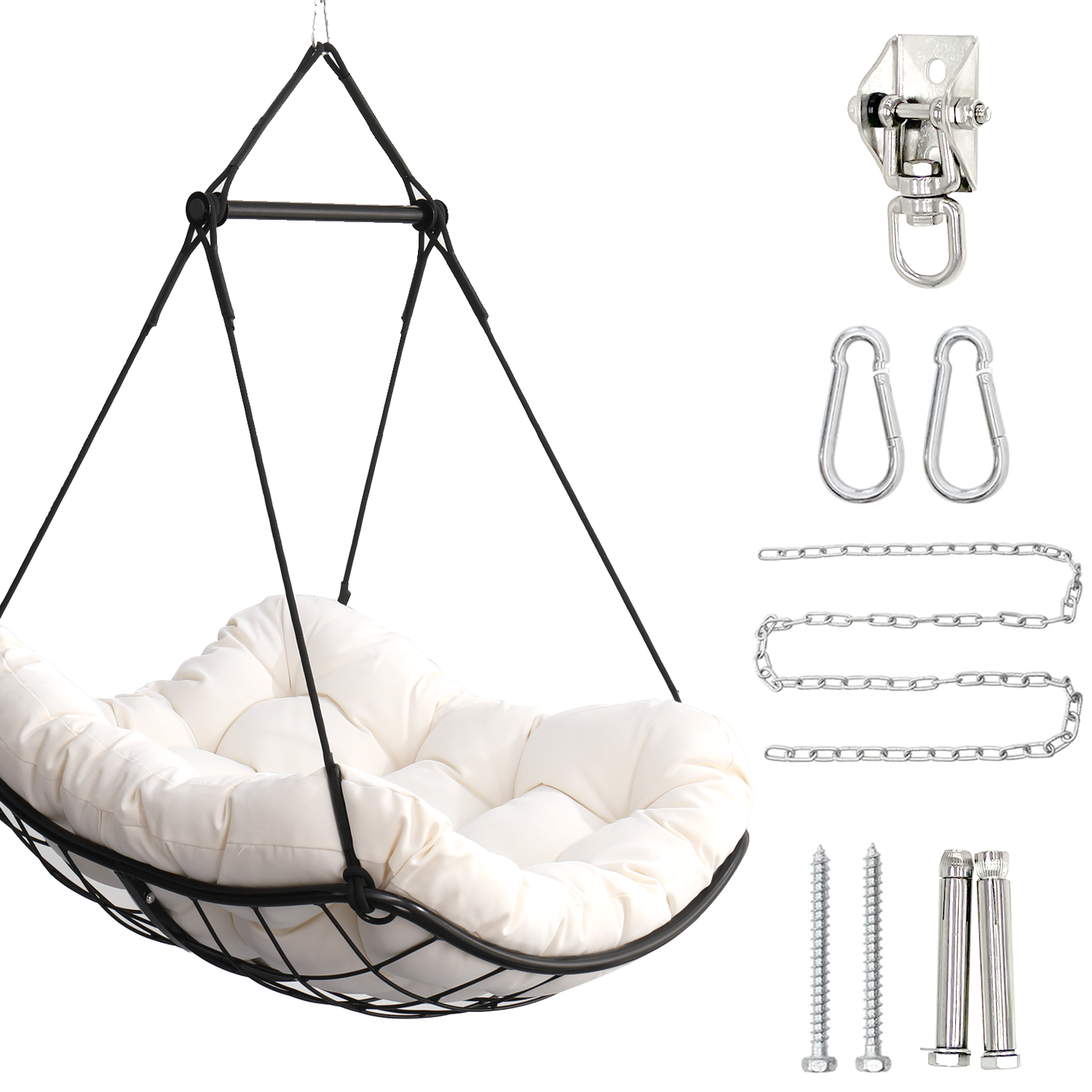Hammock Chair Swing with Cushion - Outdoor Indoor Hanging Hammock Chair for Patio, Porch, Bedroom, Garden, Courtyard, Balcony - Sturdy Steel Bar with Anti-Slip Safety Rings, white