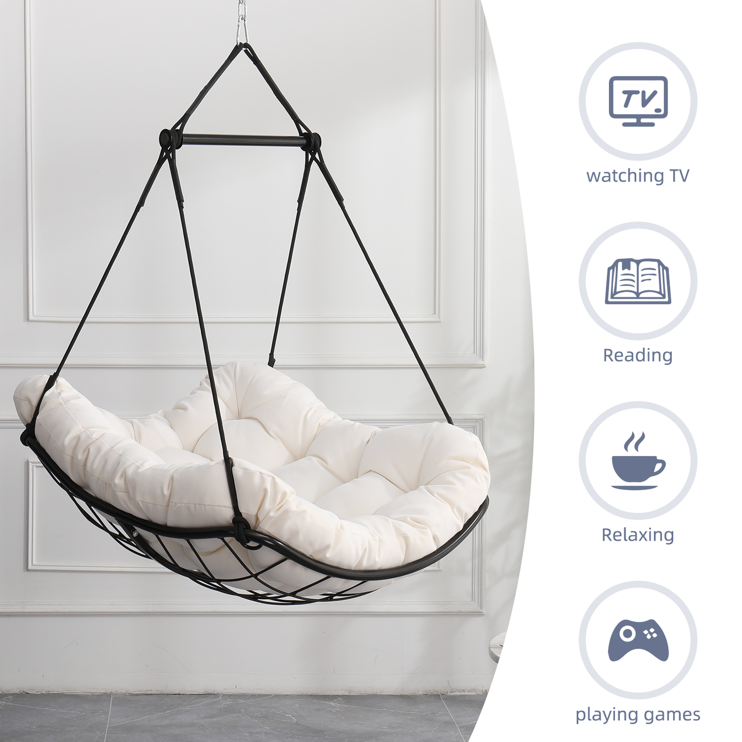Hammock Chair Swing with Cushion - Outdoor Indoor Hanging Hammock Chair for Patio, Porch, Bedroom, Garden, Courtyard, Balcony - Sturdy Steel Bar with Anti-Slip Safety Rings, white