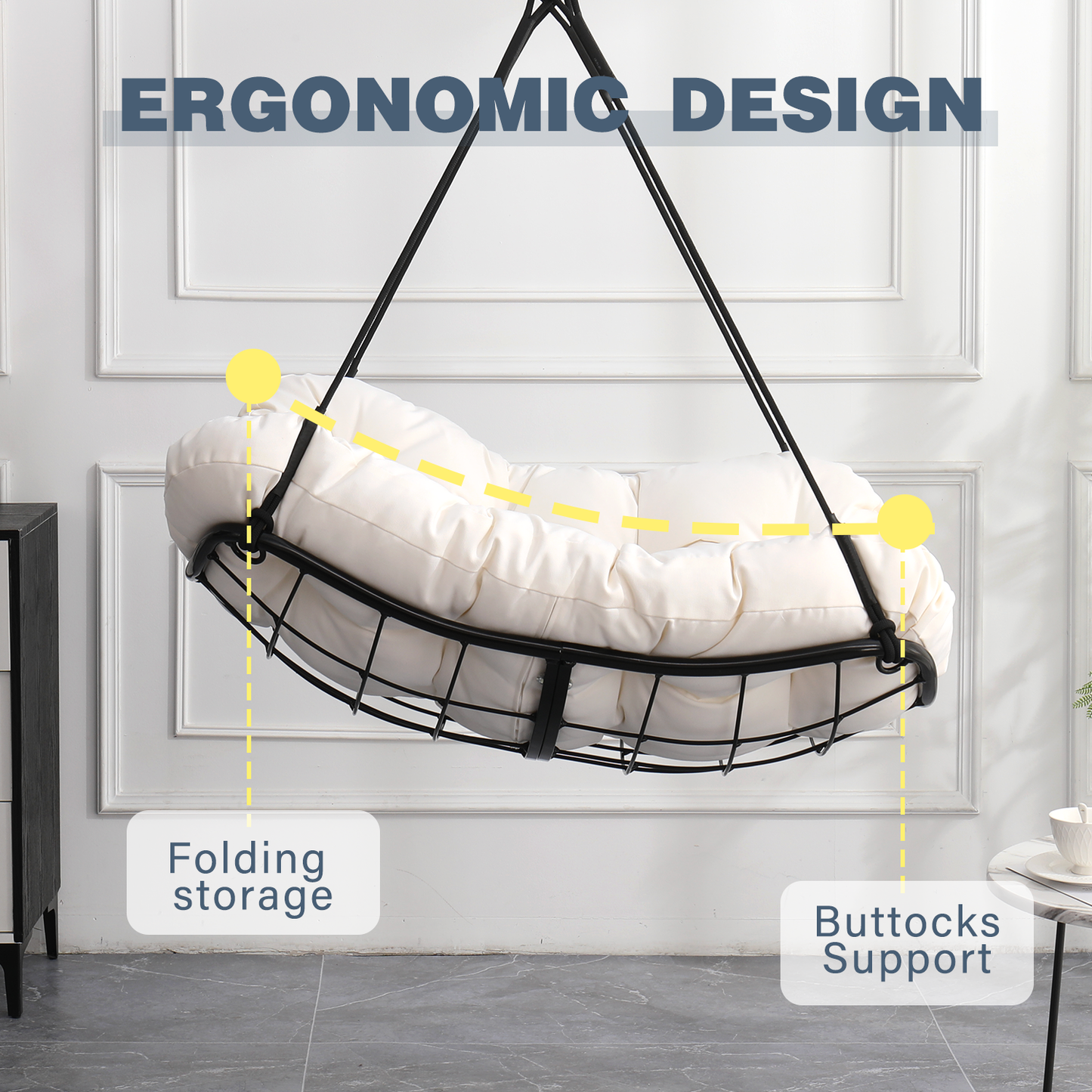 Hammock Chair Swing with Cushion - Outdoor Indoor Hanging Hammock Chair for Patio, Porch, Bedroom, Garden, Courtyard, Balcony - Sturdy Steel Bar with Anti-Slip Safety Rings, white