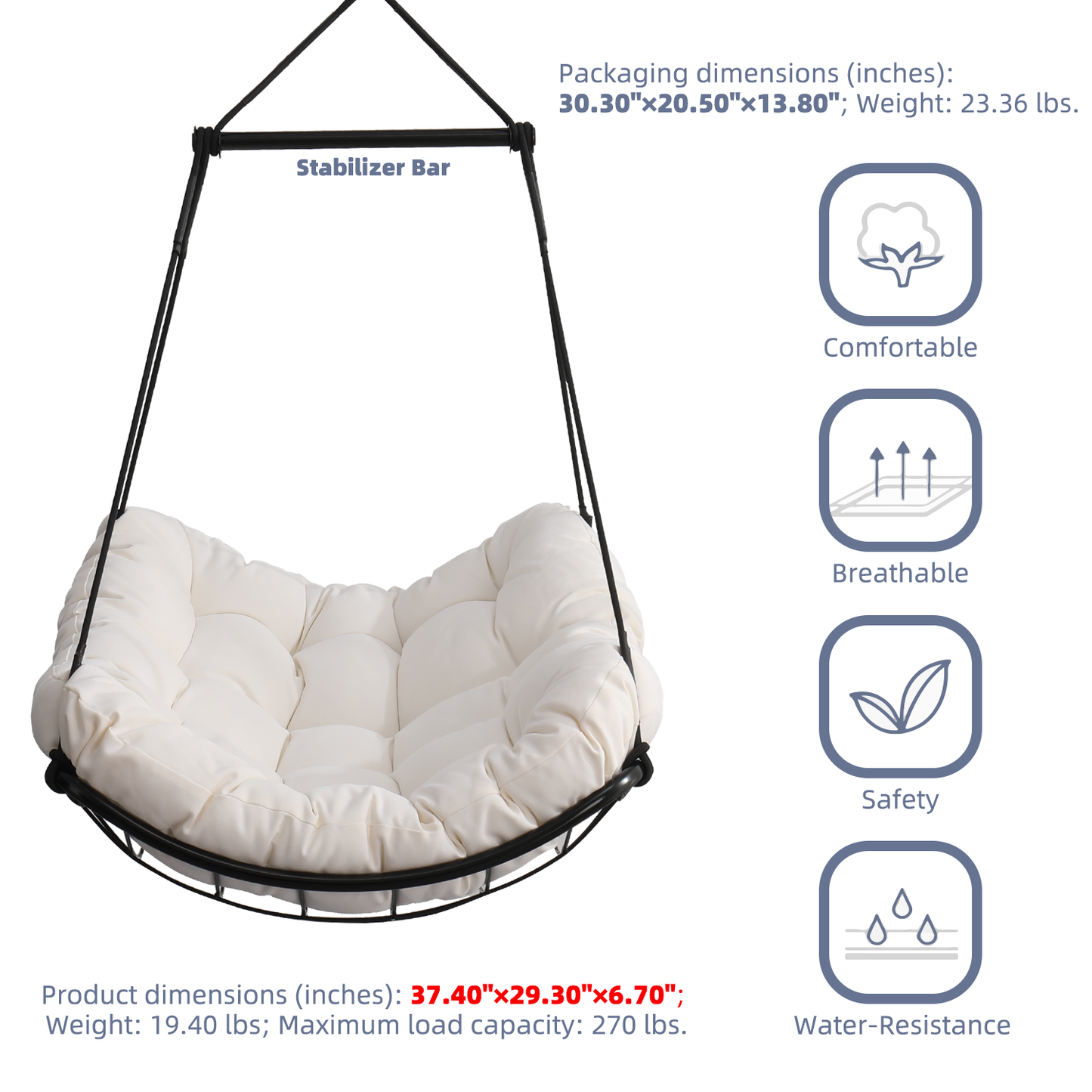 Hammock Chair Swing with Cushion - Outdoor Indoor Hanging Hammock Chair for Patio, Porch, Bedroom, Garden, Courtyard, Balcony - Sturdy Steel Bar with Anti-Slip Safety Rings, white