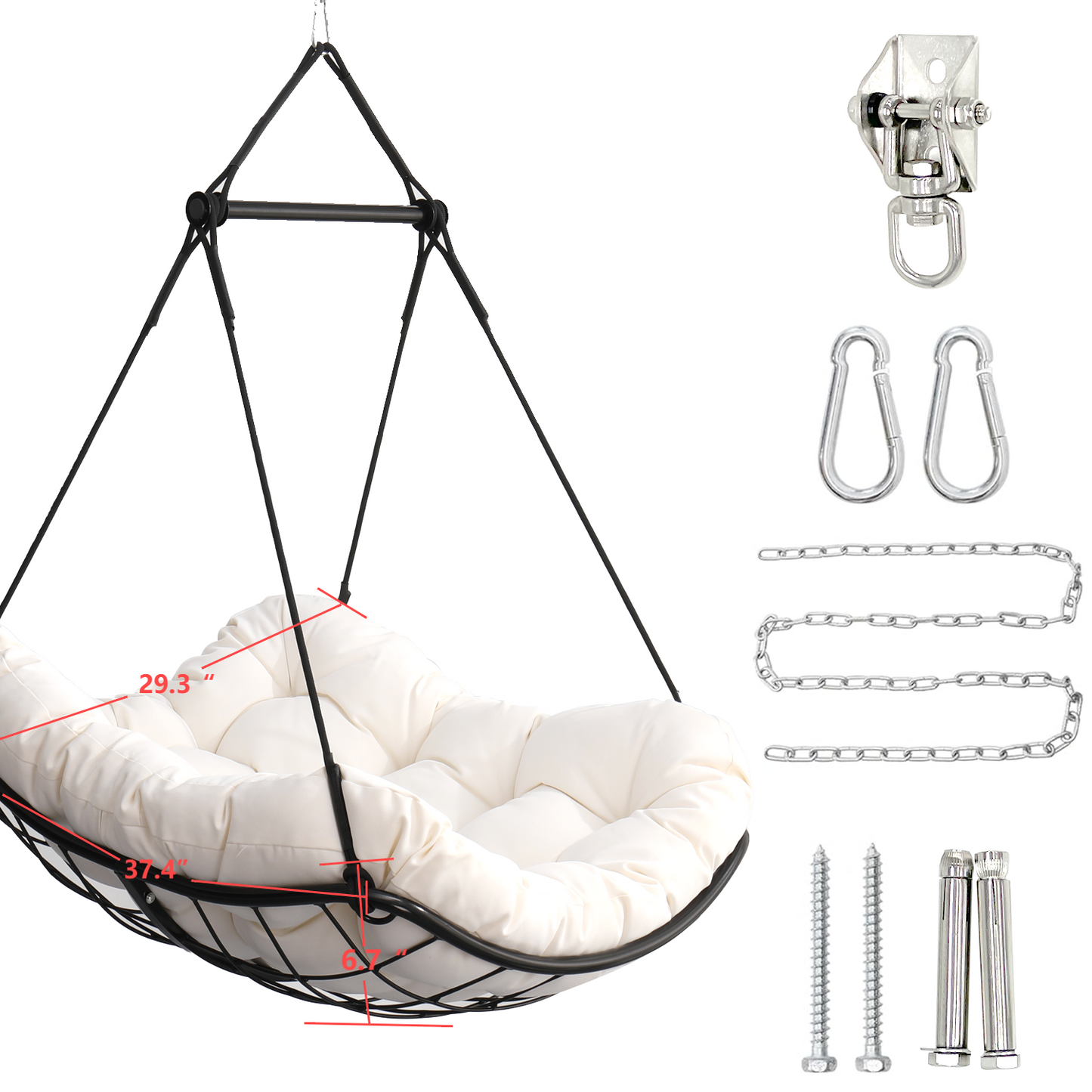 Hammock Chair Swing with Cushion - Outdoor Indoor Hanging Hammock Chair for Patio, Porch, Bedroom, Garden, Courtyard, Balcony - Sturdy Steel Bar with Anti-Slip Safety Rings, white