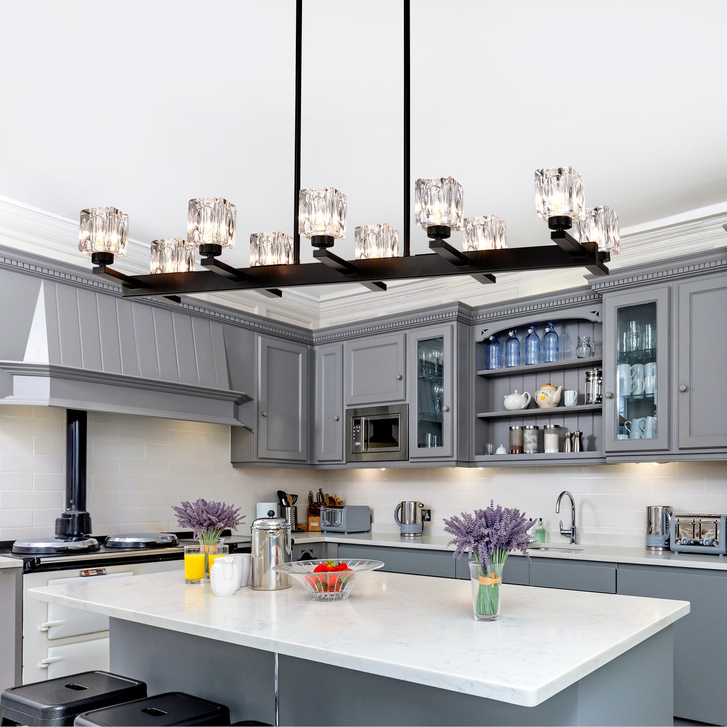 Chandelier for Dining Room, 10-Light Black Farmhouse Linear Pendant Light Fixture, Modern Crystal Hanging Lighting Chandelier for Kitchen Island, Bar, Long Table, G9 Bulb(10*G9*MAX 40W)
