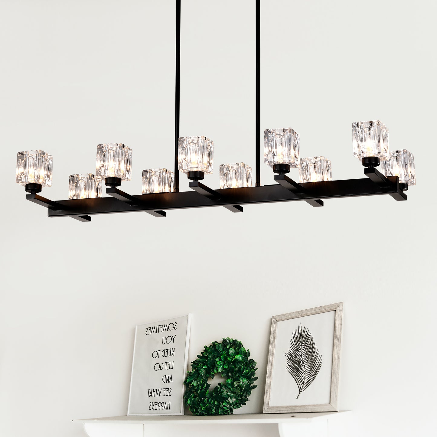 Chandelier for Dining Room, 10-Light Black Farmhouse Linear Pendant Light Fixture, Modern Crystal Hanging Lighting Chandelier for Kitchen Island, Bar, Long Table, G9 Bulb(10*G9*MAX 40W)