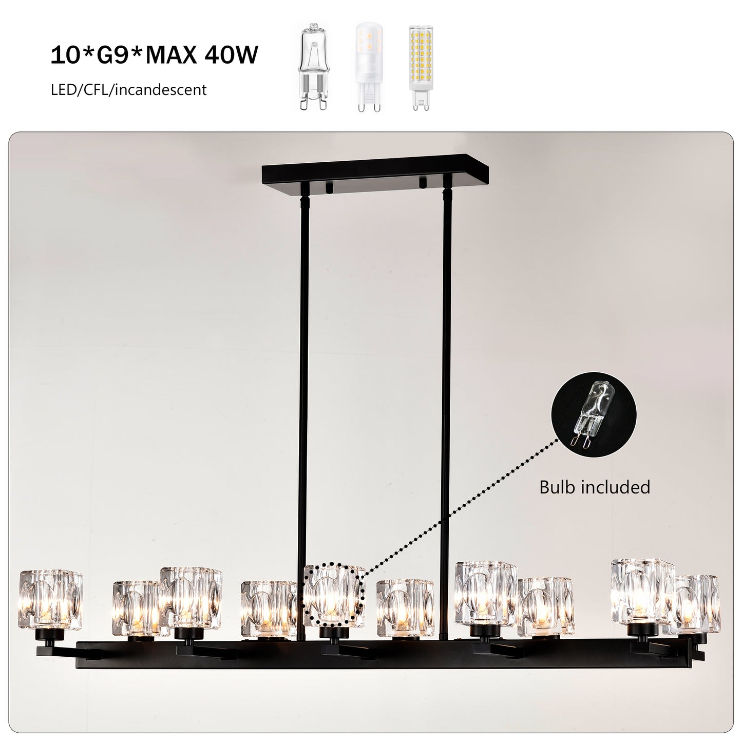 Chandelier for Dining Room, 10-Light Black Farmhouse Linear Pendant Light Fixture, Modern Crystal Hanging Lighting Chandelier for Kitchen Island, Bar, Long Table, G9 Bulb(10*G9*MAX 40W)