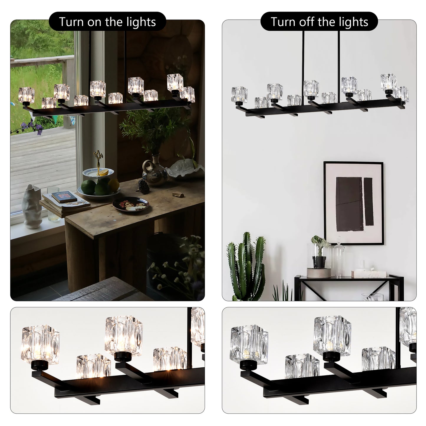Chandelier for Dining Room, 10-Light Black Farmhouse Linear Pendant Light Fixture, Modern Crystal Hanging Lighting Chandelier for Kitchen Island, Bar, Long Table, G9 Bulb(10*G9*MAX 40W)