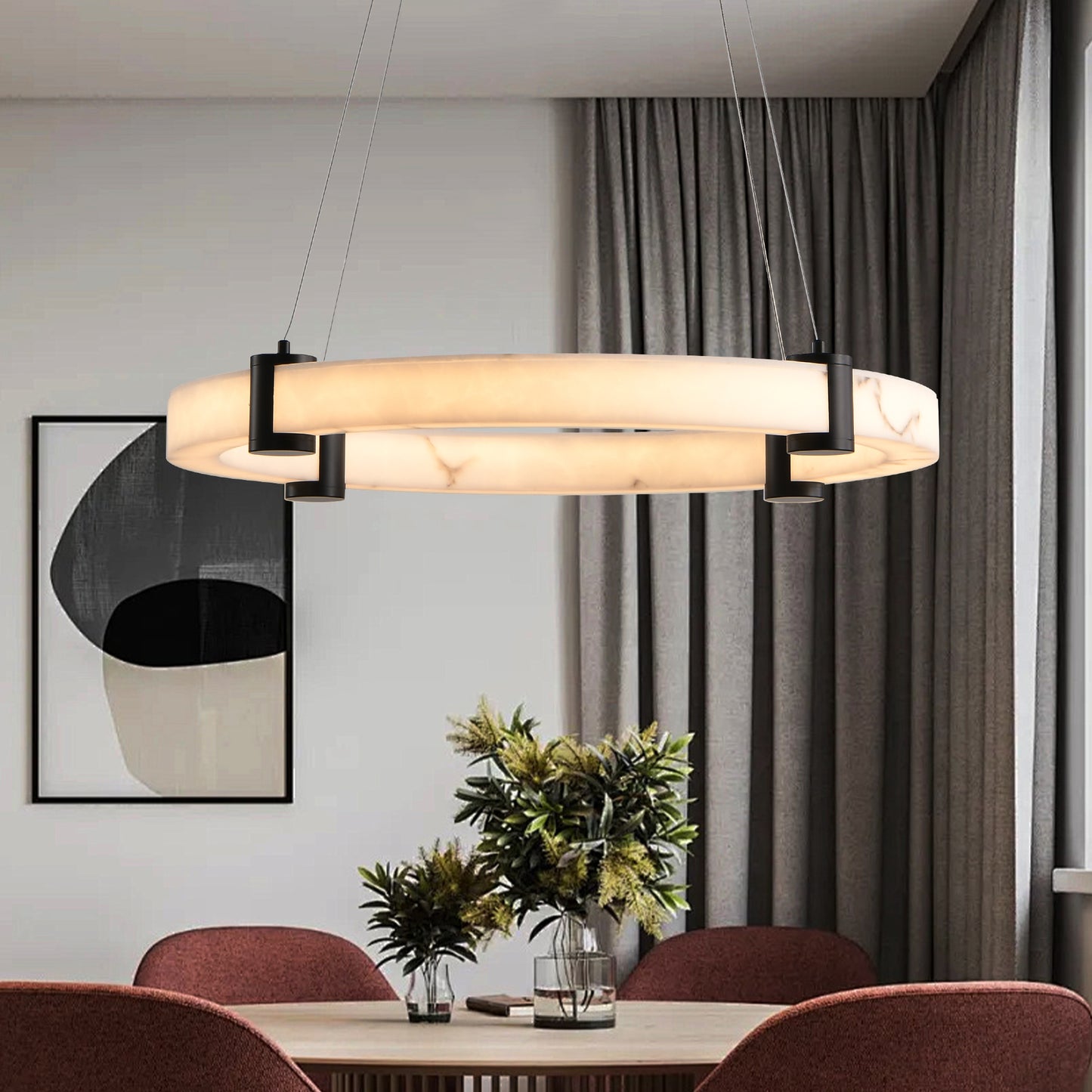 Modern LED Pendant Light, 24-Inch Round Hanging Chandelier with Adjustable Height, Imitation Marble Finish Resin Ring Ceiling Light for Dining Room, Kitchen Island, Living Room