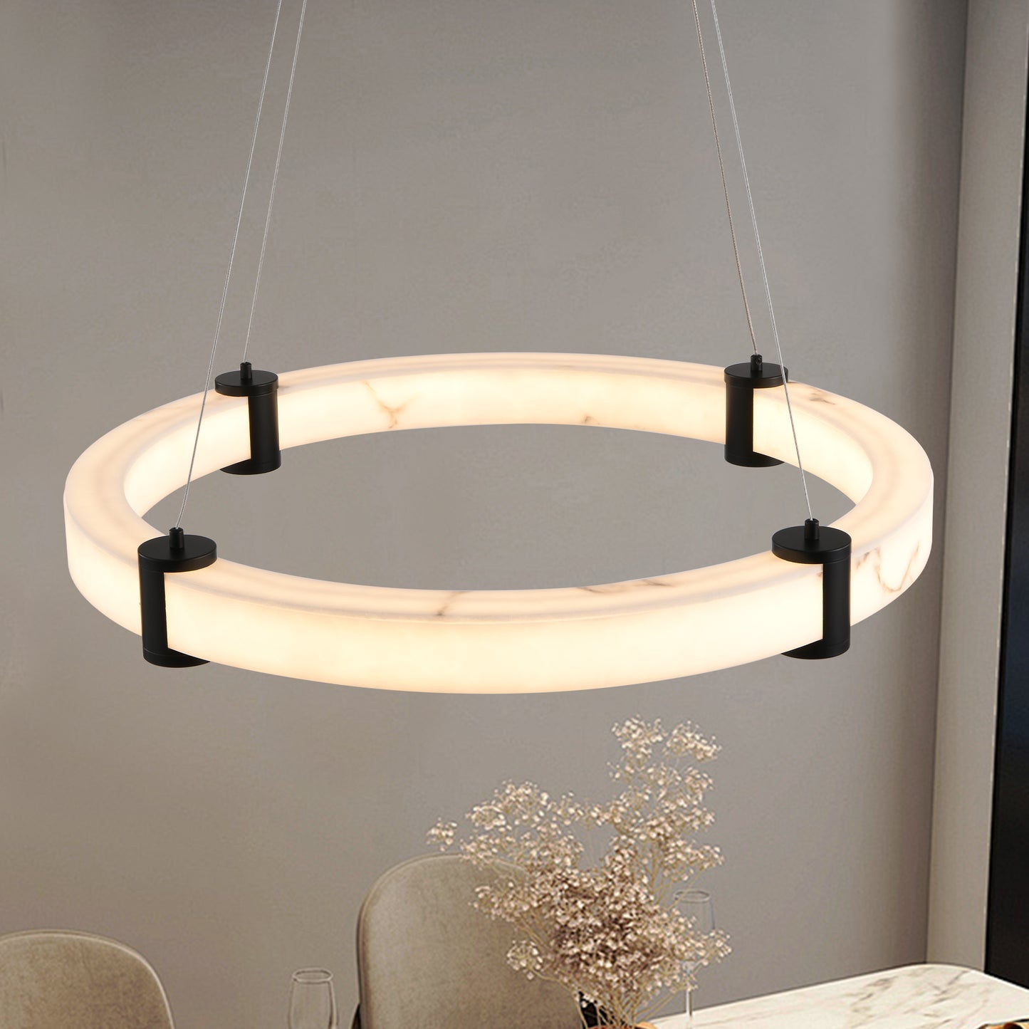 Modern LED Pendant Light, 24-Inch Round Hanging Chandelier with Adjustable Height, Imitation Marble Finish Resin Ring Ceiling Light for Dining Room, Kitchen Island, Living Room