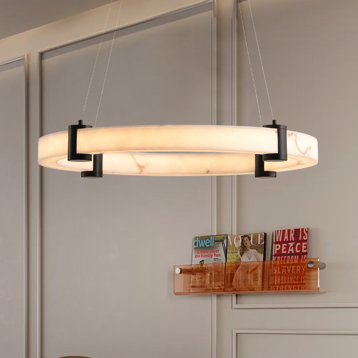 Modern LED Pendant Light, 24-Inch Round Hanging Chandelier with Adjustable Height, Imitation Marble Finish Resin Ring Ceiling Light for Dining Room, Kitchen Island, Living Room