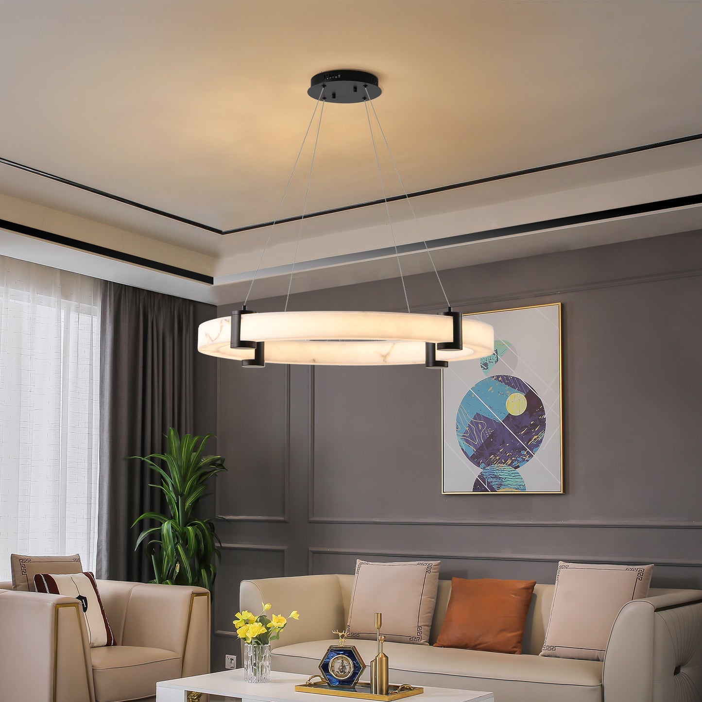 Modern LED Pendant Light, 24-Inch Round Hanging Chandelier with Adjustable Height, Imitation Marble Finish Resin Ring Ceiling Light for Dining Room, Kitchen Island, Living Room