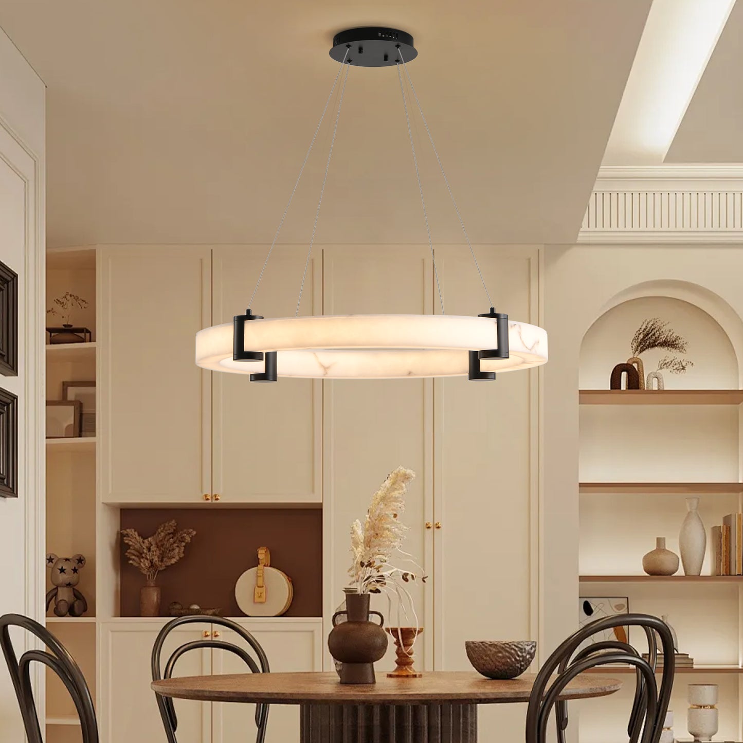 Modern LED Pendant Light, 24-Inch Round Hanging Chandelier with Adjustable Height, Imitation Marble Finish Resin Ring Ceiling Light for Dining Room, Kitchen Island, Living Room