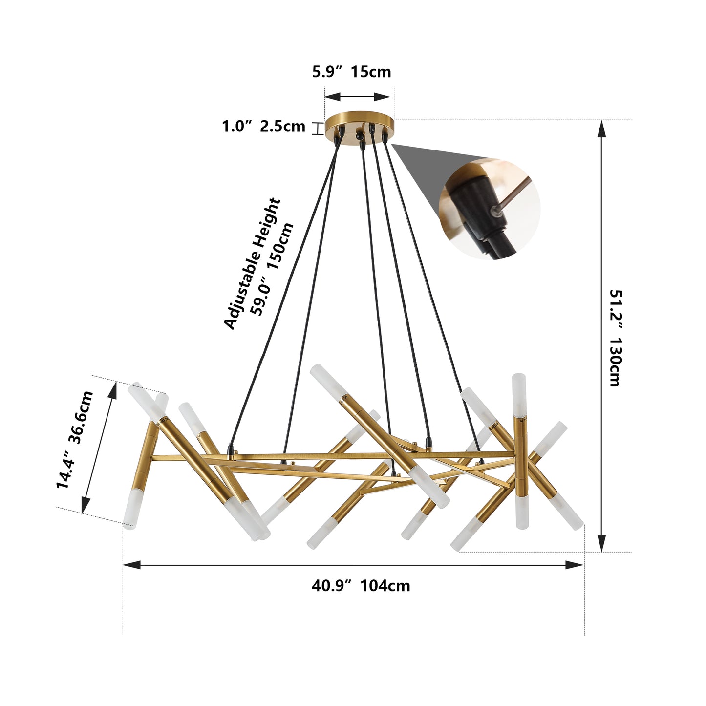 41" Golden Modern Chandelier Light Fixture, Branch Design with Frosted Tubes, Black Cords, Adjustable Height Pendant Light for Dining Room, Living Room, or Kitchen Island (Bulb Not Included)