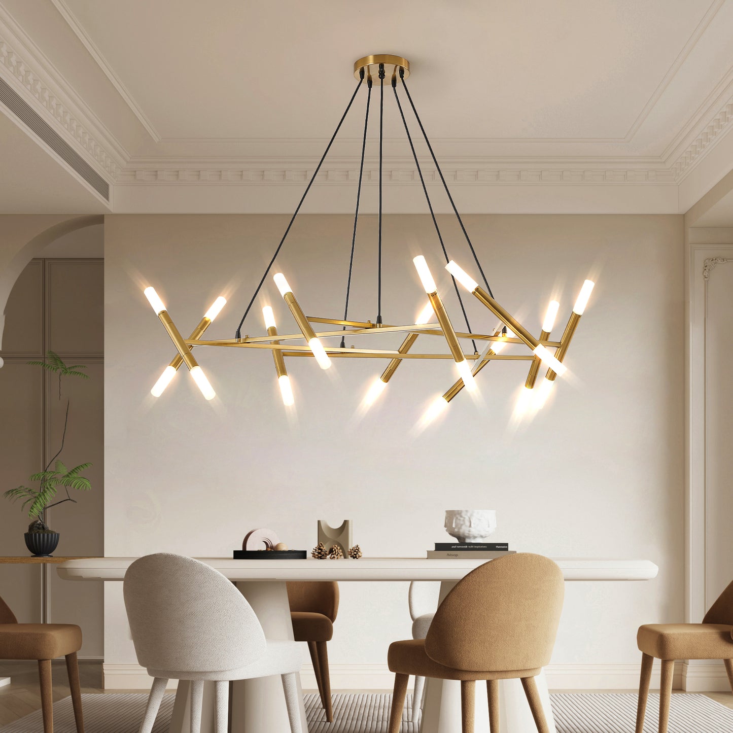 41" Golden Modern Chandelier Light Fixture, Branch Design with Frosted Tubes, Black Cords, Adjustable Height Pendant Light for Dining Room, Living Room, or Kitchen Island (Bulb Not Included)