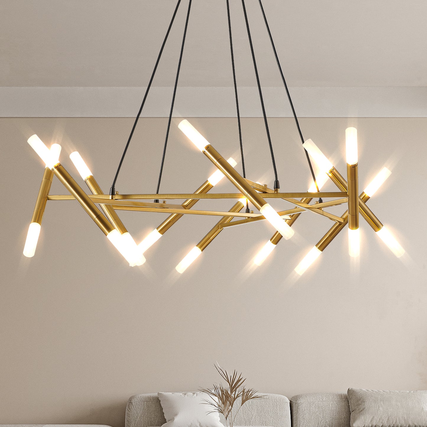 41" Golden Modern Chandelier Light Fixture, Branch Design with Frosted Tubes, Black Cords, Adjustable Height Pendant Light for Dining Room, Living Room, or Kitchen Island (Bulb Not Included)