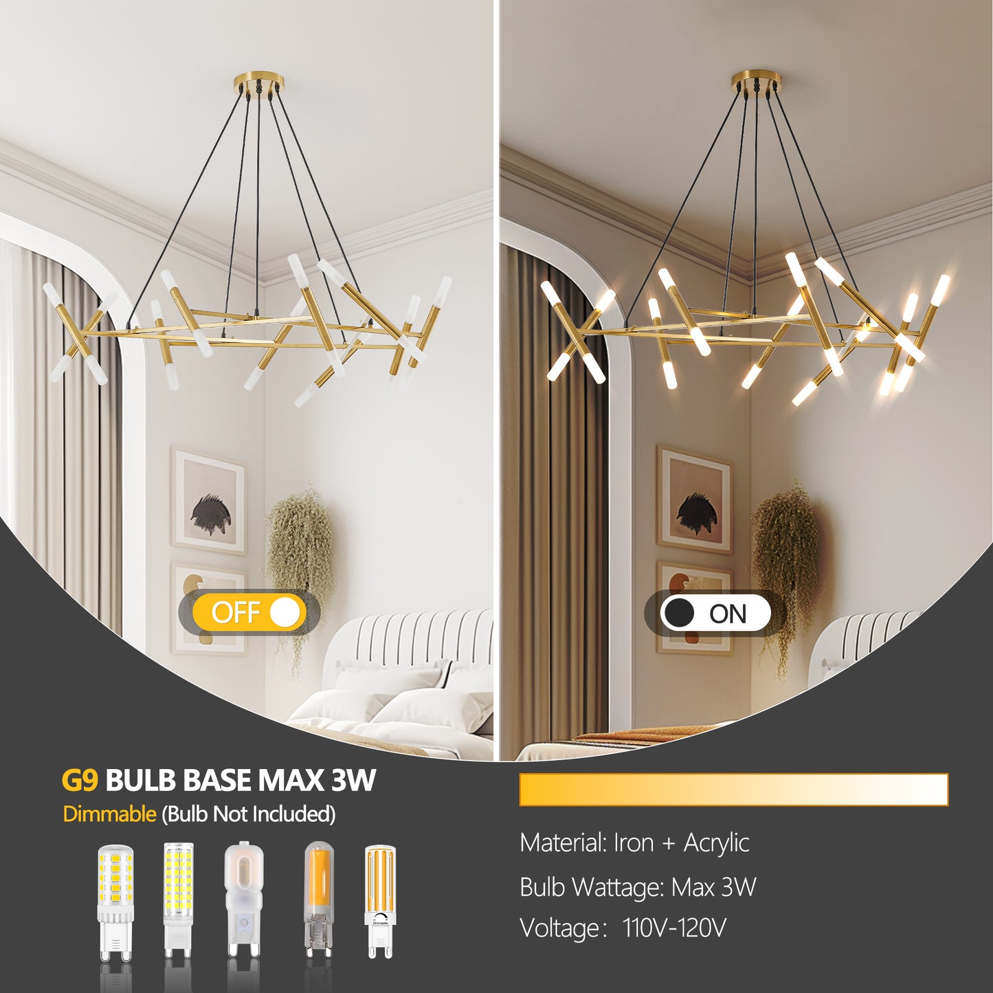 41" Golden Modern Chandelier Light Fixture, Branch Design with Frosted Tubes, Black Cords, Adjustable Height Pendant Light for Dining Room, Living Room, or Kitchen Island (Bulb Not Included)